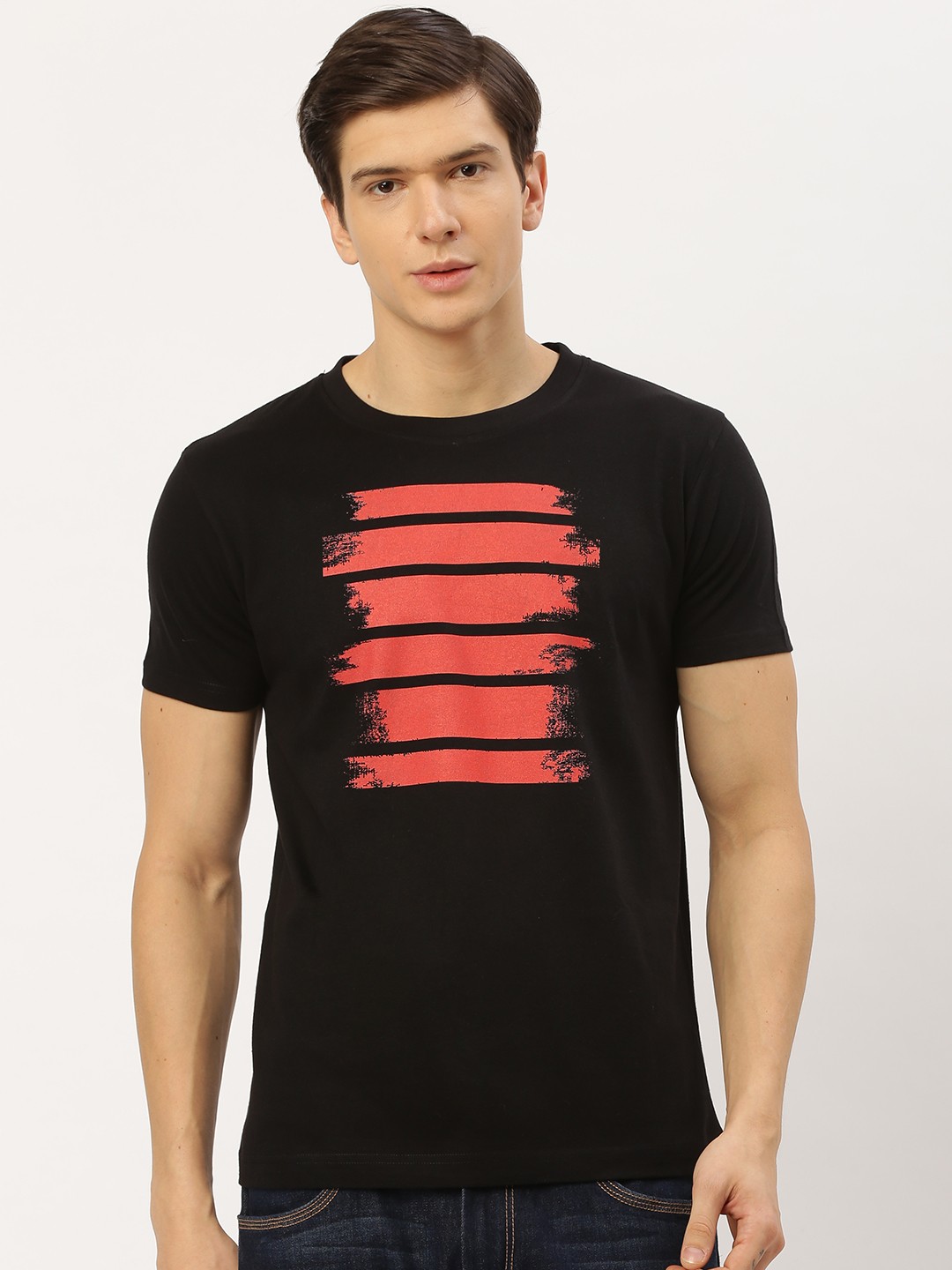 

THE CHAMBAL Men Black Red Striped Round Neck Pure Cotton T-shirt