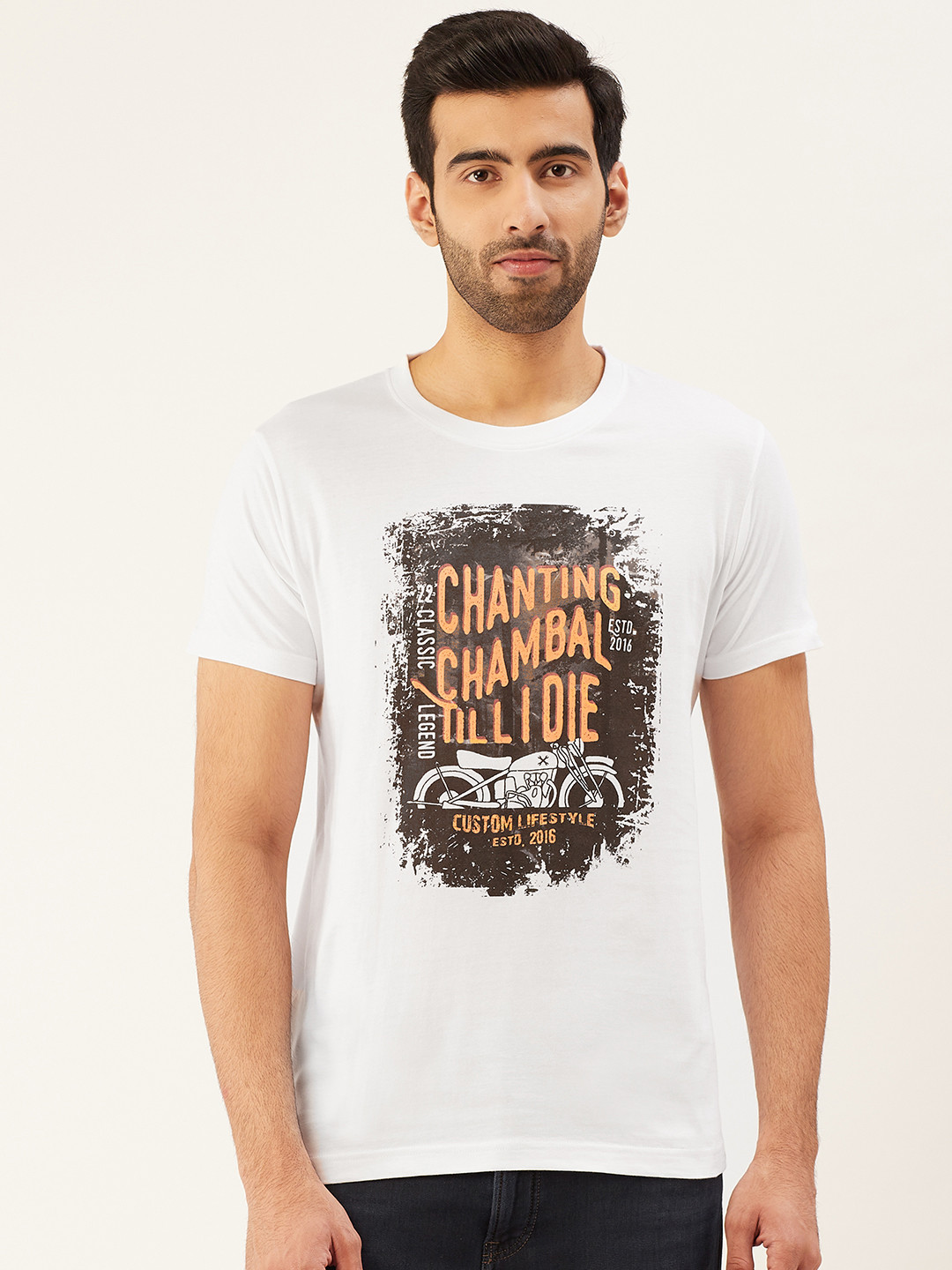 

THE CHAMBAL Men White Brown Typographic Biker Print Round Neck Bio-Wash Pure Cotton T-shirt