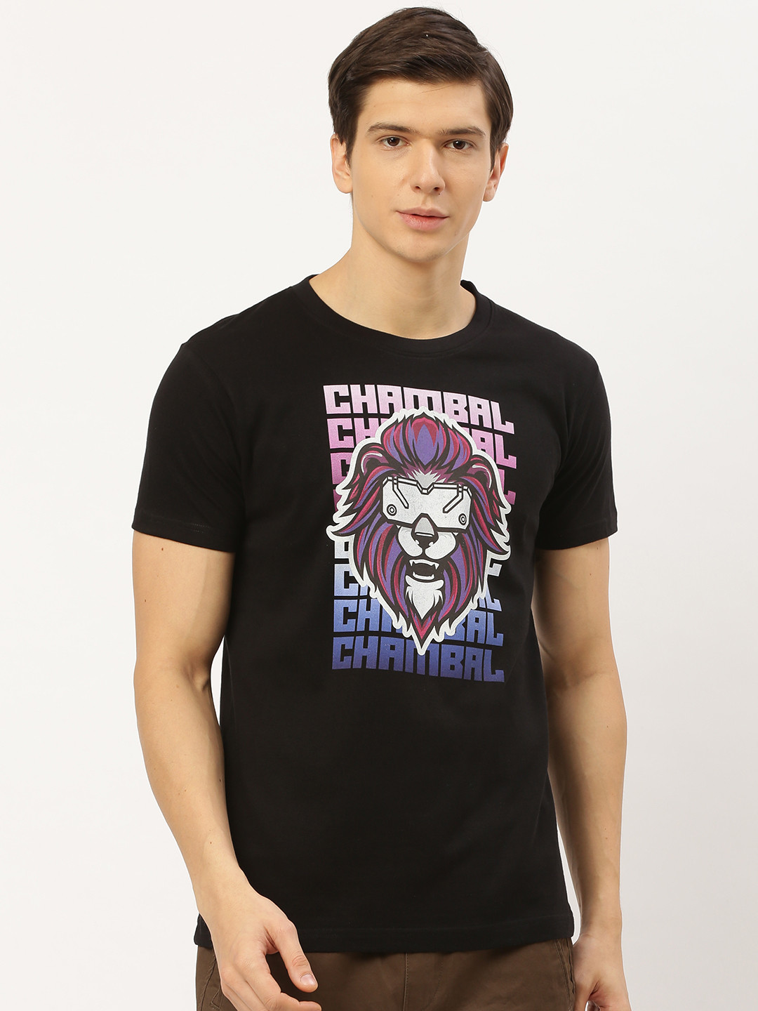 

THE CHAMBAL Men Black Purple Printed Round Neck Pure Cotton T-shirt
