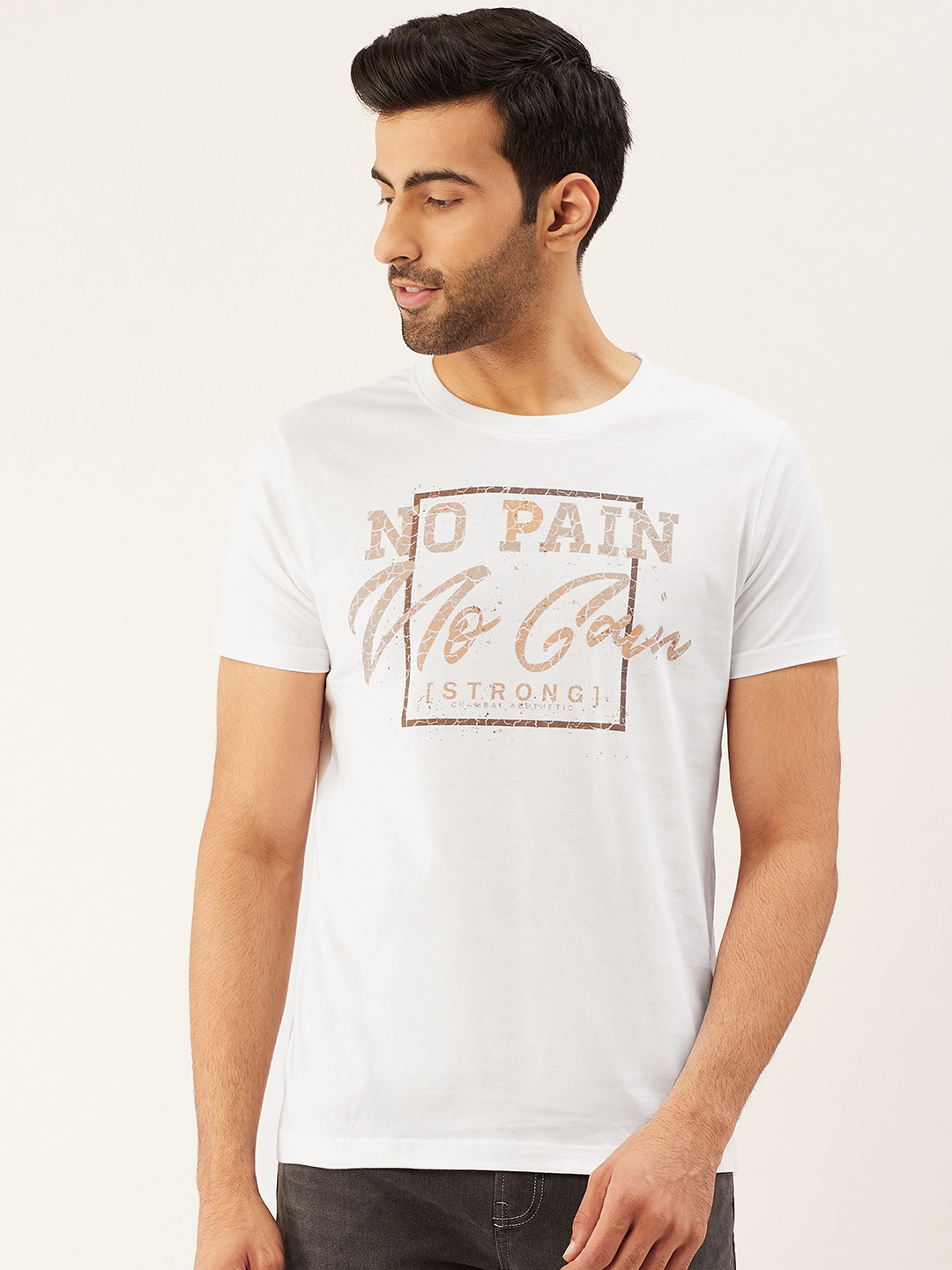 

THE CHAMBAL Men White Brown Typographic Print Round Neck Bio-Wash Pure Cotton T-shirt