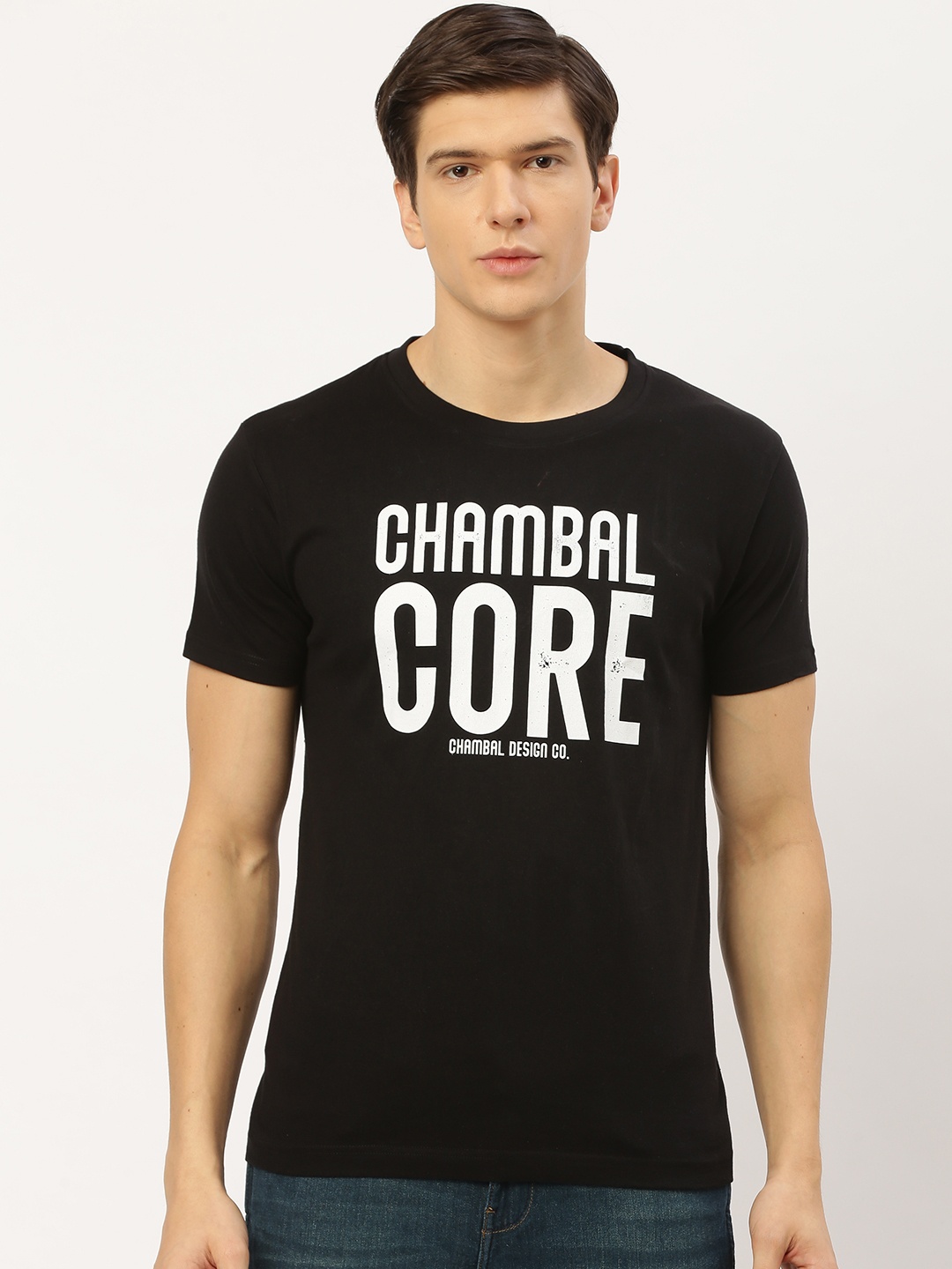 THE CHAMBAL Men Black White Printed Round Neck Pure Cotton T-shirt
