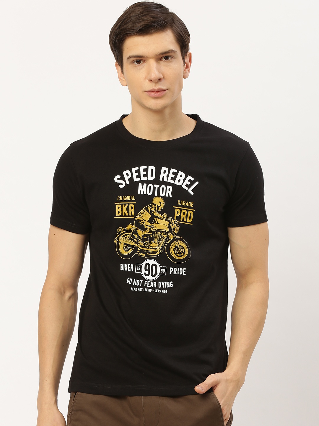 

THE CHAMBAL Men Black Mustard Yellow Biker Printed Round Neck Pure Cotton T-shirt