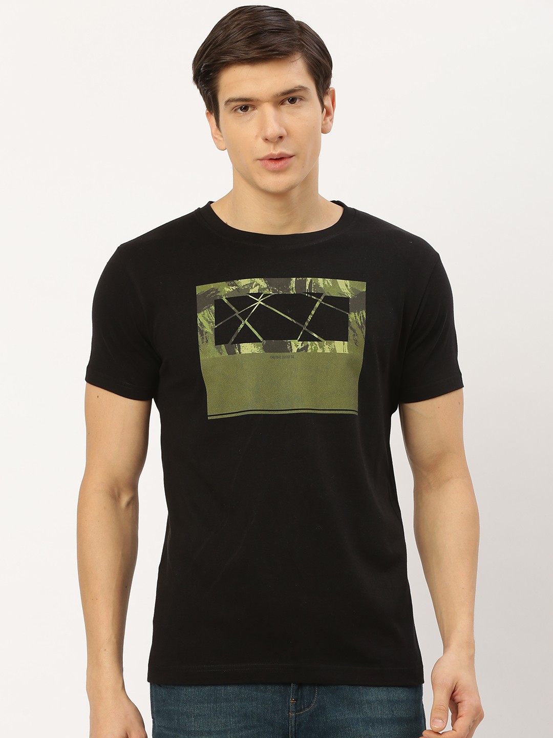 

THE CHAMBAL Men Black Olive Green Geometric Printed Round Neck Pure Cotton T-shirt