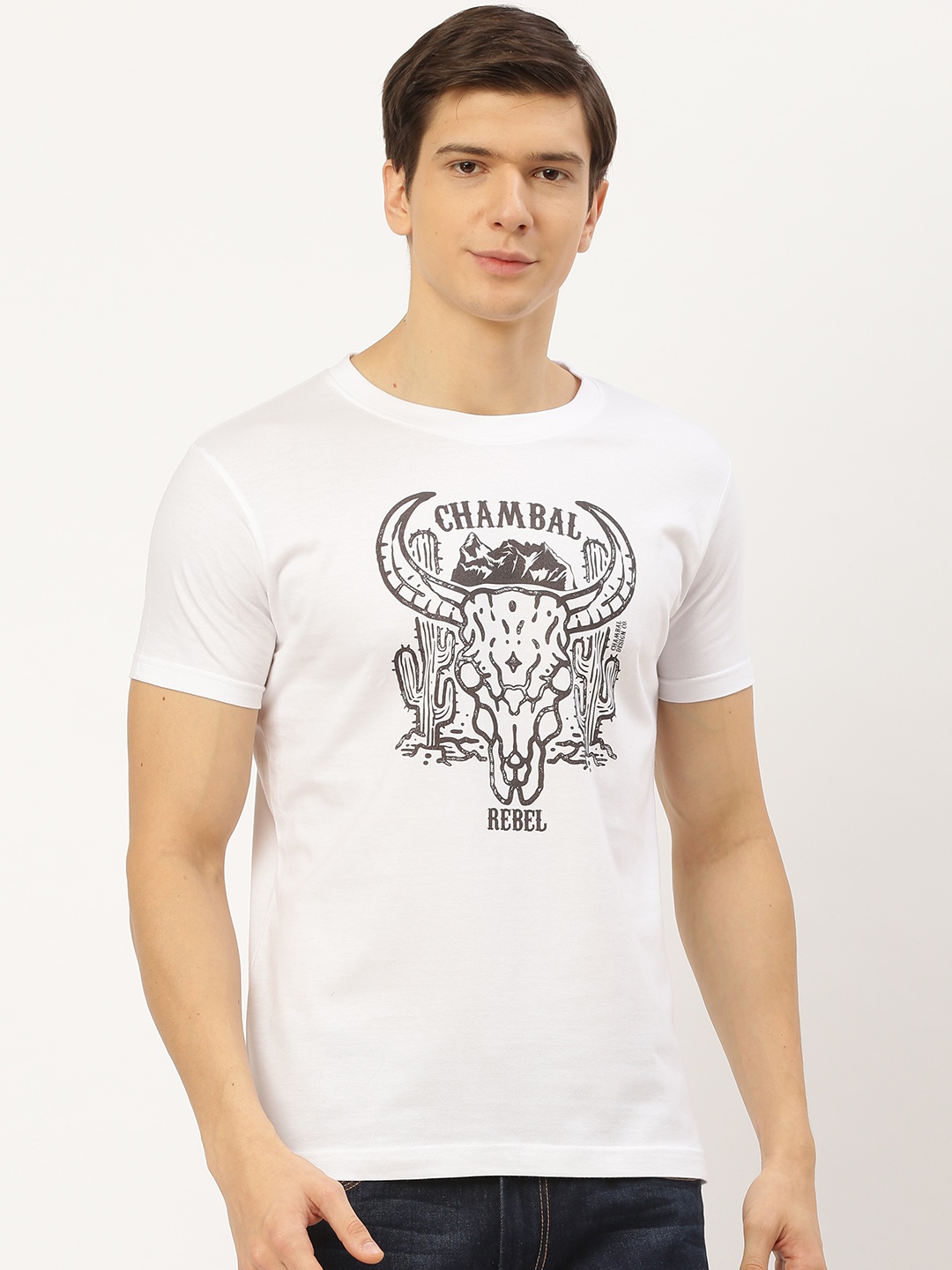 

THE CHAMBAL Men White Charcoal Grey Printed Round Neck Pure Cotton T-shirt