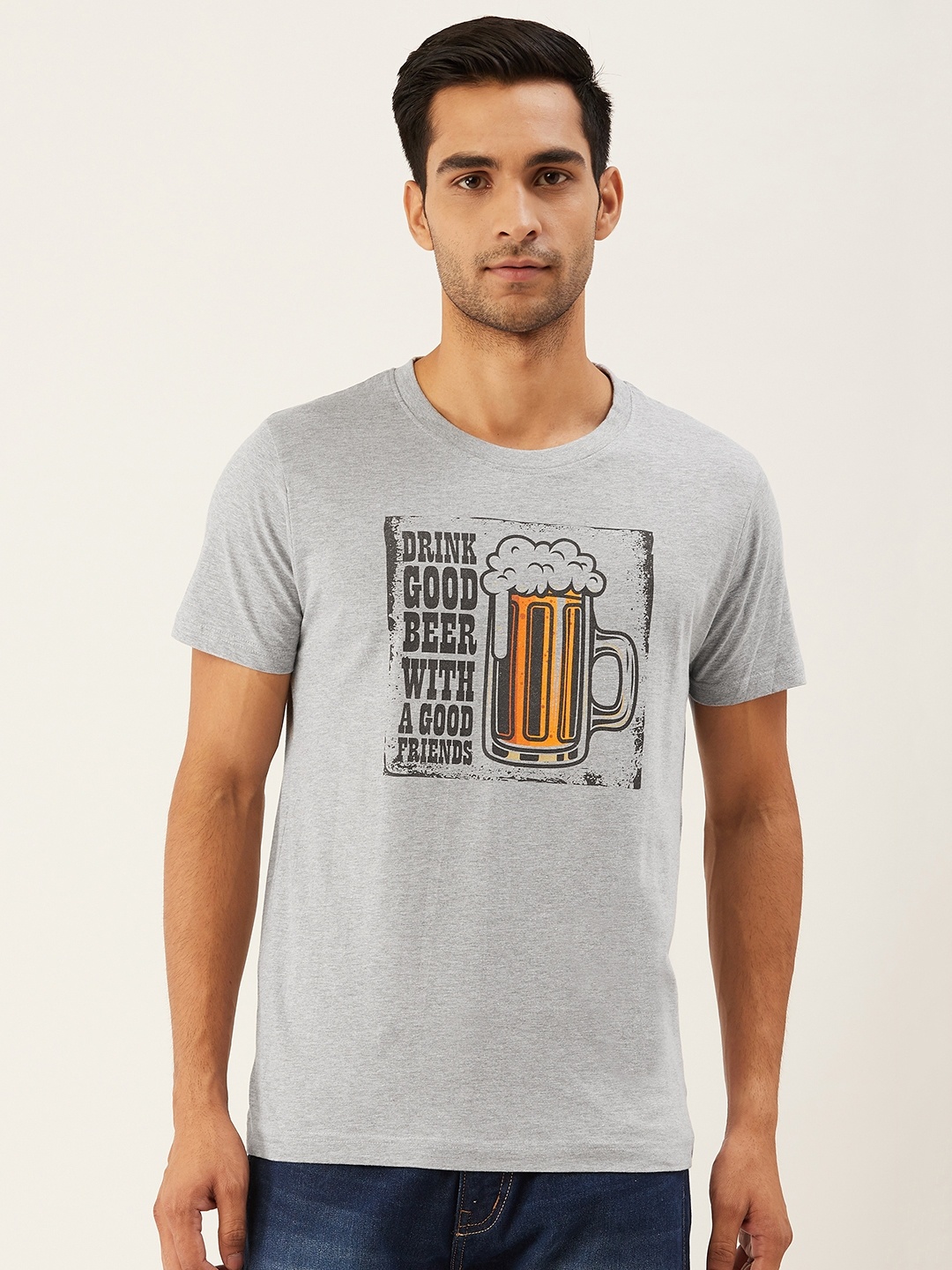 

THE CHAMBAL Men Grey Melange & Black Printed Round Neck T-shirt