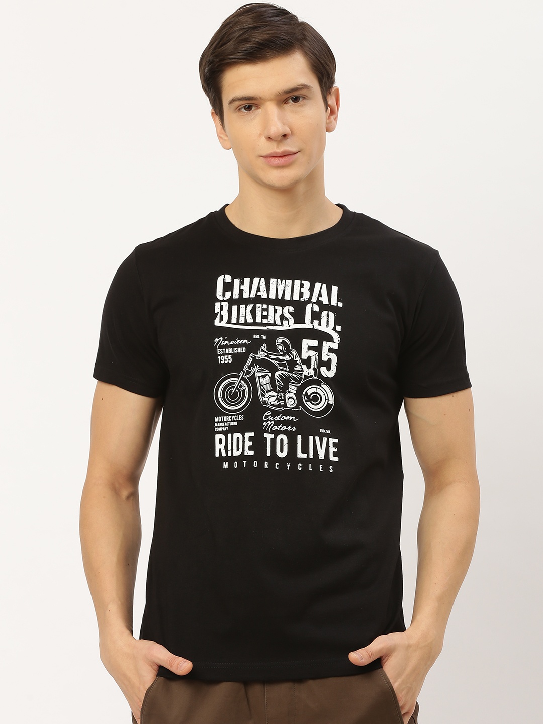 

THE CHAMBAL Men Black White Biker Printed Round Neck Pure Cotton T-shirt