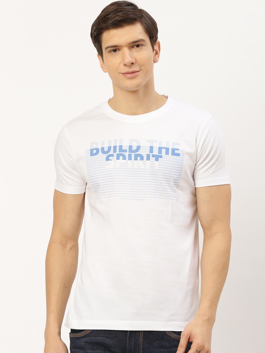 

THE CHAMBAL Men White Blue Printed Detail Striped Round Neck Pure Cotton T-shirt