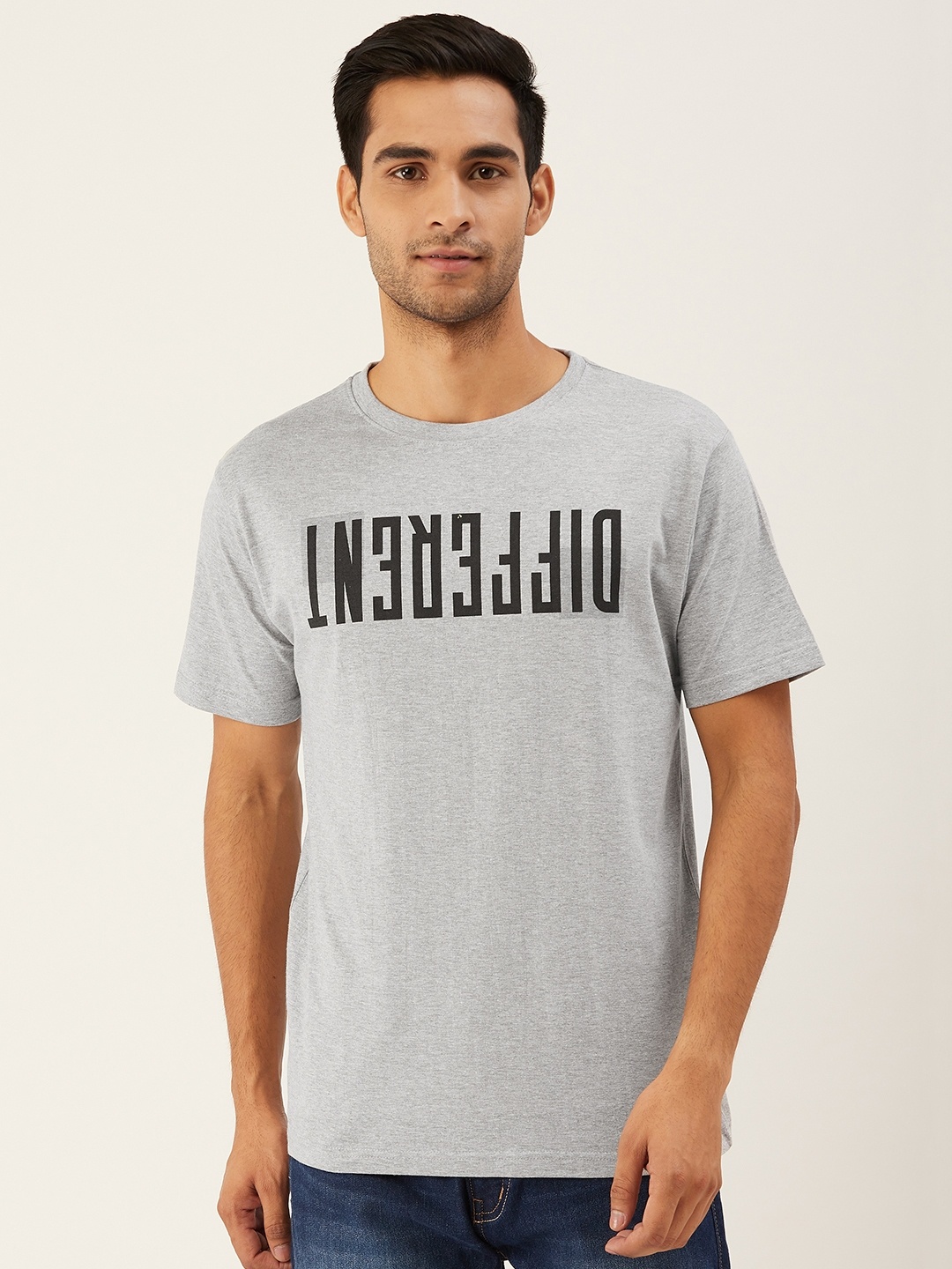 

THE CHAMBAL Men Grey Melange & Black Printed Round Neck T-shirt