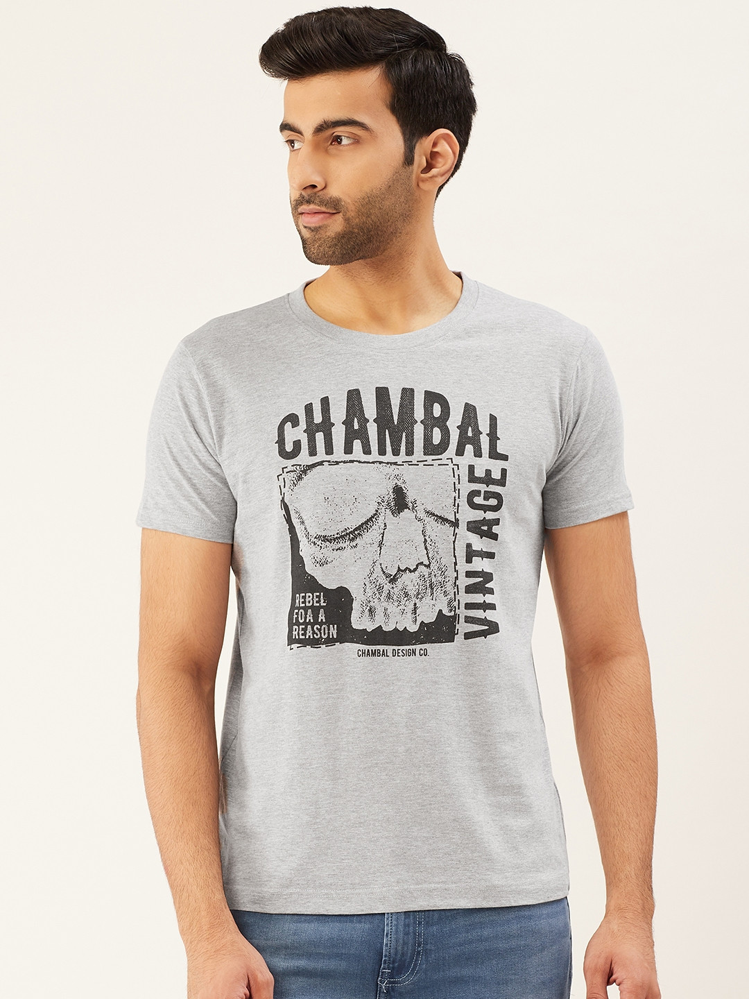 

THE CHAMBAL Men Grey Melange Black Printed Round Neck Pure Cotton T-shirt