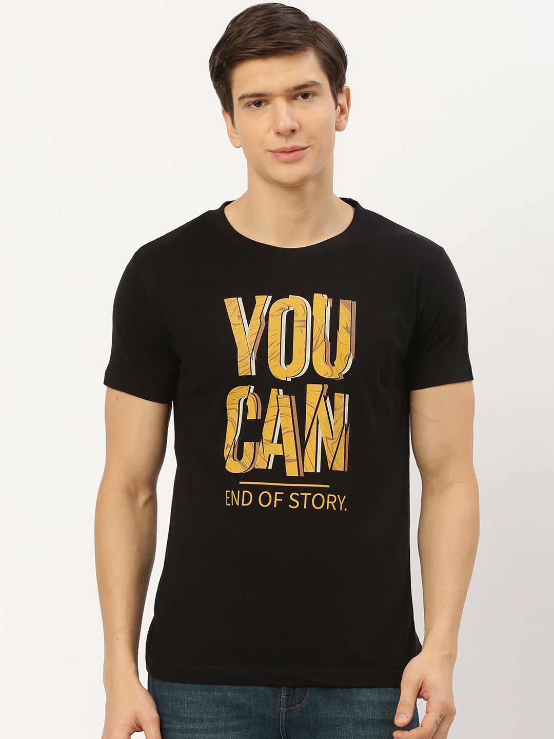 

THE CHAMBAL Men Black Mustard Yellow Printed Round Neck Pure Cotton T-shirt