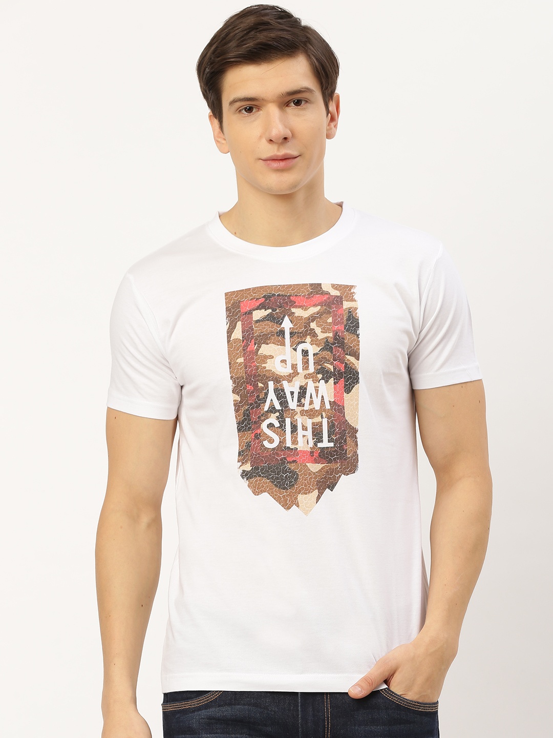 

THE CHAMBAL Men White Brown Camouflage Printed Round Neck Pure Cotton T-shirt