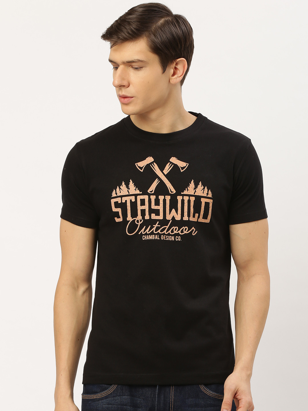 

THE CHAMBAL Men Black Peach-Coloured Printed Round Neck Pure Cotton T-shirt