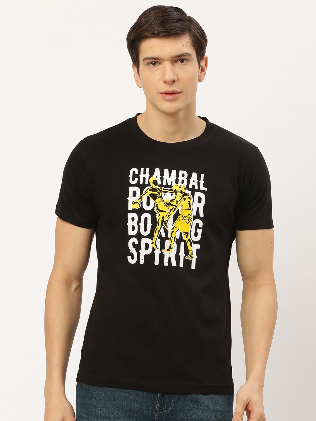 

THE CHAMBAL Men Black White Printed Round Neck Pure Cotton T-shirt