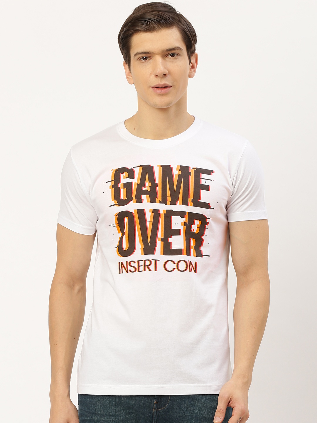 

THE CHAMBAL Men White Black Printed Round Neck Pure Cotton T-shirt