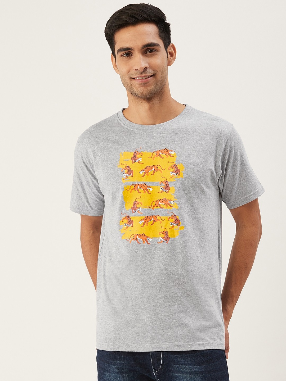 

THE CHAMBAL Men Grey Melange Yellow Tiger Print Round Neck Bio-Wash Pure Cotton T-shirt