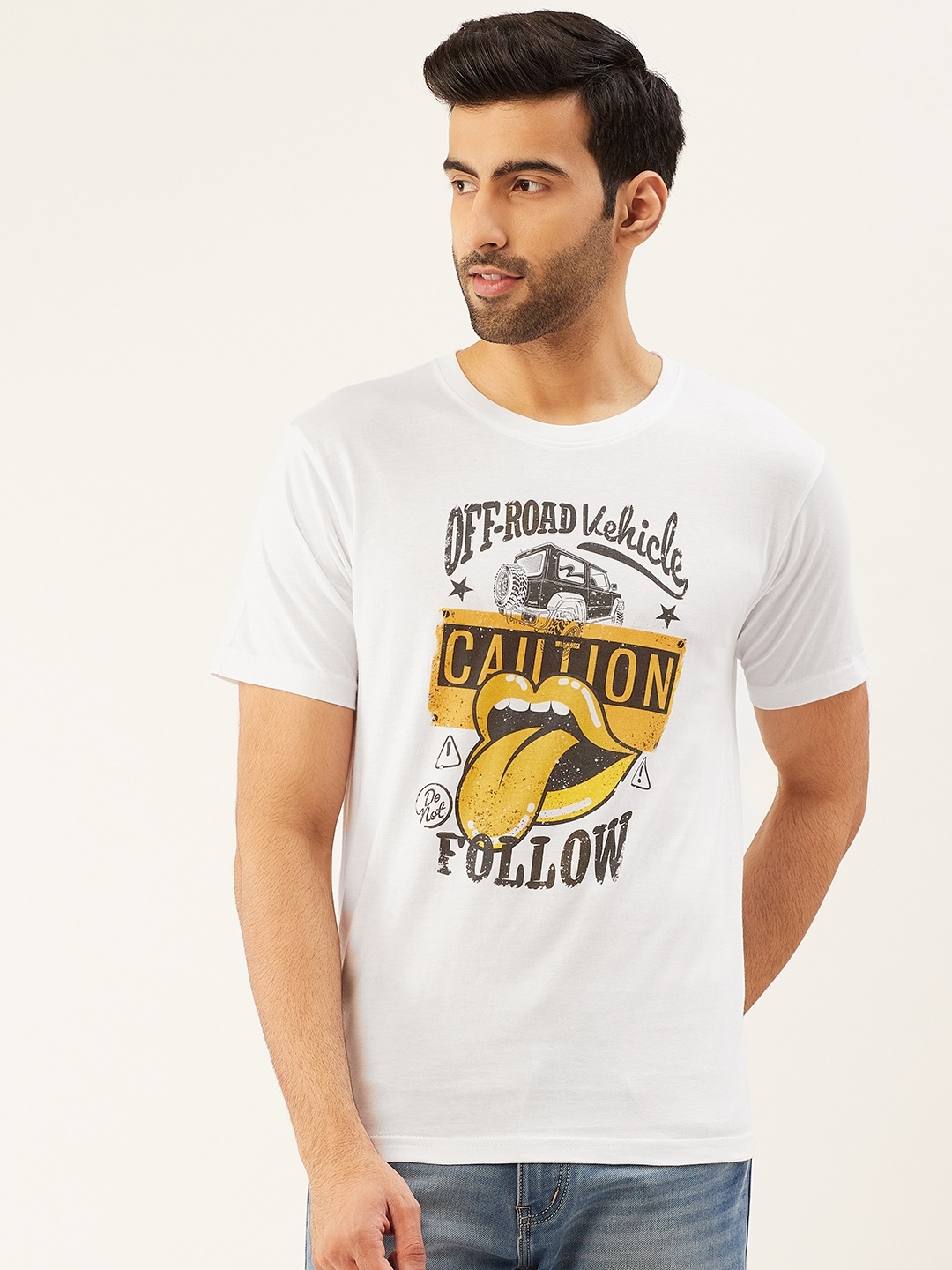 

THE CHAMBAL Men White Black Printed Round Neck Pure Cotton T-shirt