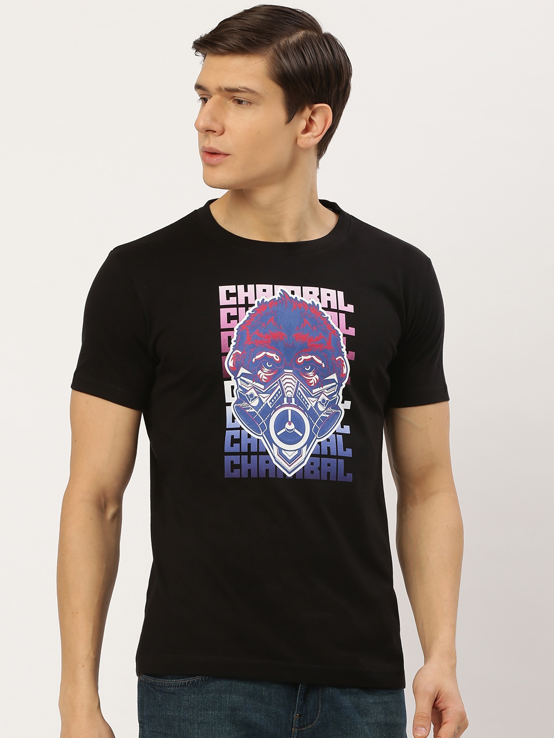 

THE CHAMBAL Men Black Blue Printed Round Neck Pure Cotton T-shirt