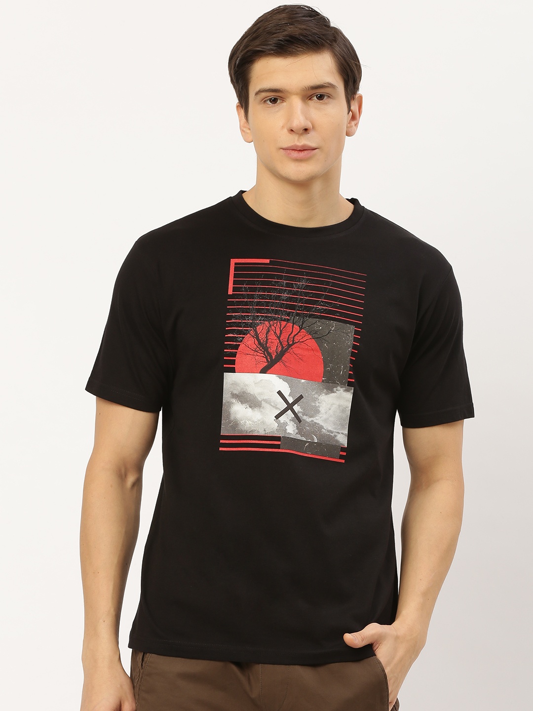 

THE CHAMBAL Men Black Red Printed Round Neck Pure Cotton T-shirt