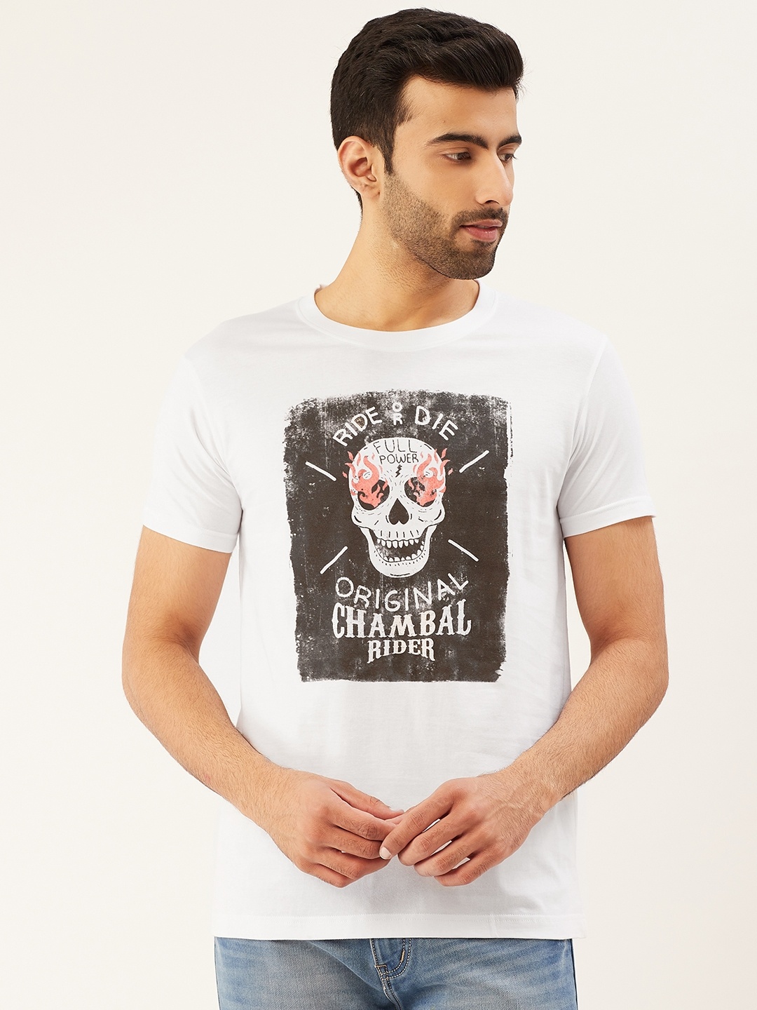 

THE CHAMBAL Men White Charcoal Grey Skull Printed Round Neck Pure Cotton T-shirt