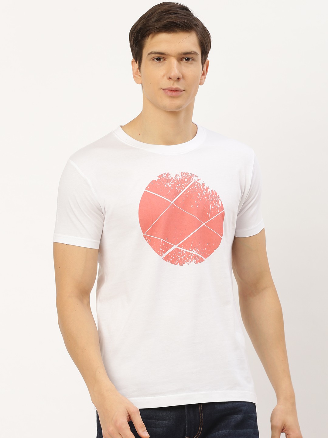

THE CHAMBAL Men White Peach-Coloured Printed Round Neck Pure Cotton T-shirt