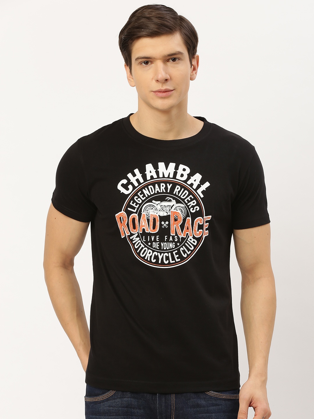 

THE CHAMBAL Men Black White Printed Round Neck Pure Cotton T-shirt