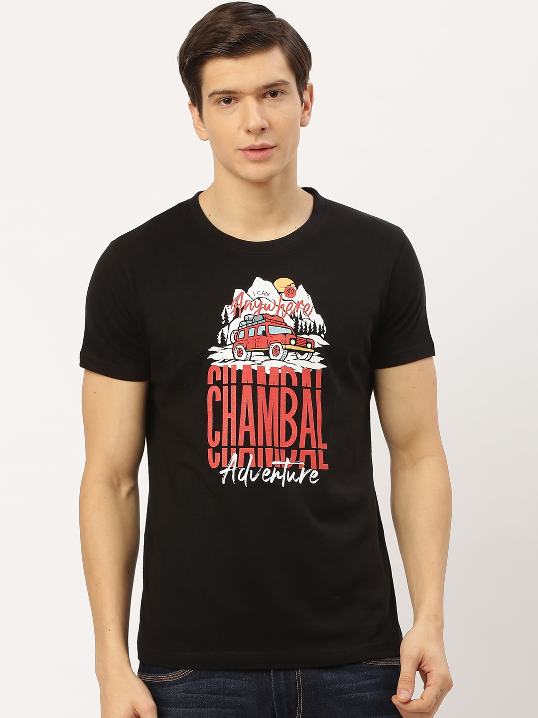 THE CHAMBAL Men Black Red Printed Round Neck Pure Cotton T-shirt