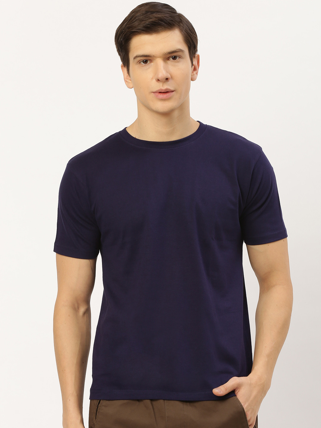 

THE CHAMBAL Men Navy Blue Solid Round Neck Pure Cotton T-shirt