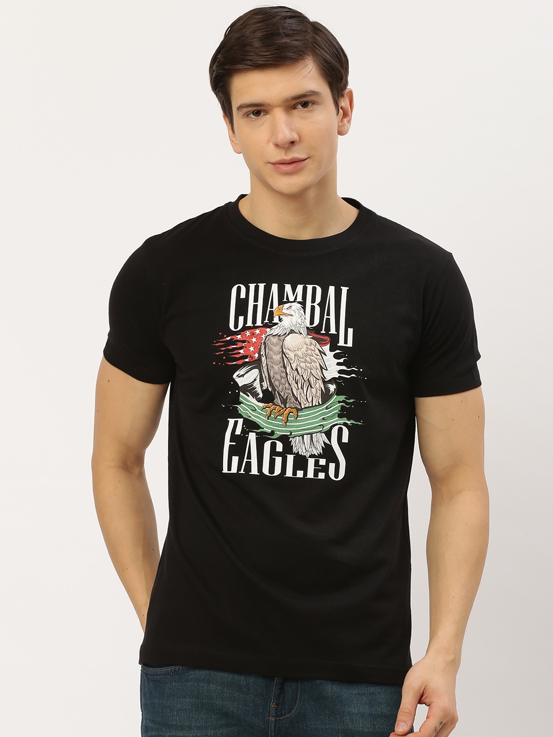 

THE CHAMBAL Men Black White Printed Round Neck Pure Cotton T-shirt