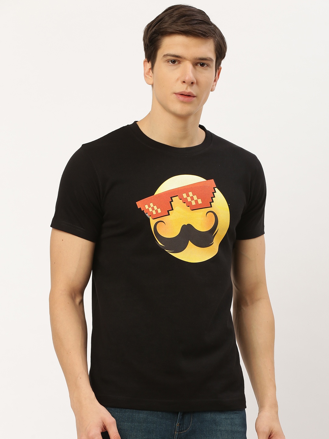 

THE CHAMBAL Men Black Mustard Yellow Printed Round Neck Pure Cotton T-shirt
