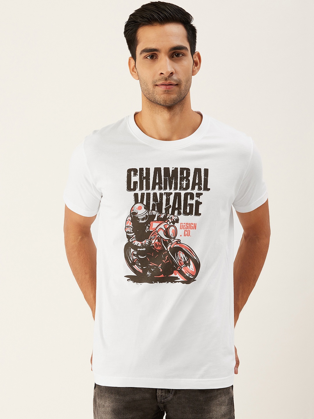 

THE CHAMBAL Men White Black Printed Round Neck Pure Cotton T-shirt