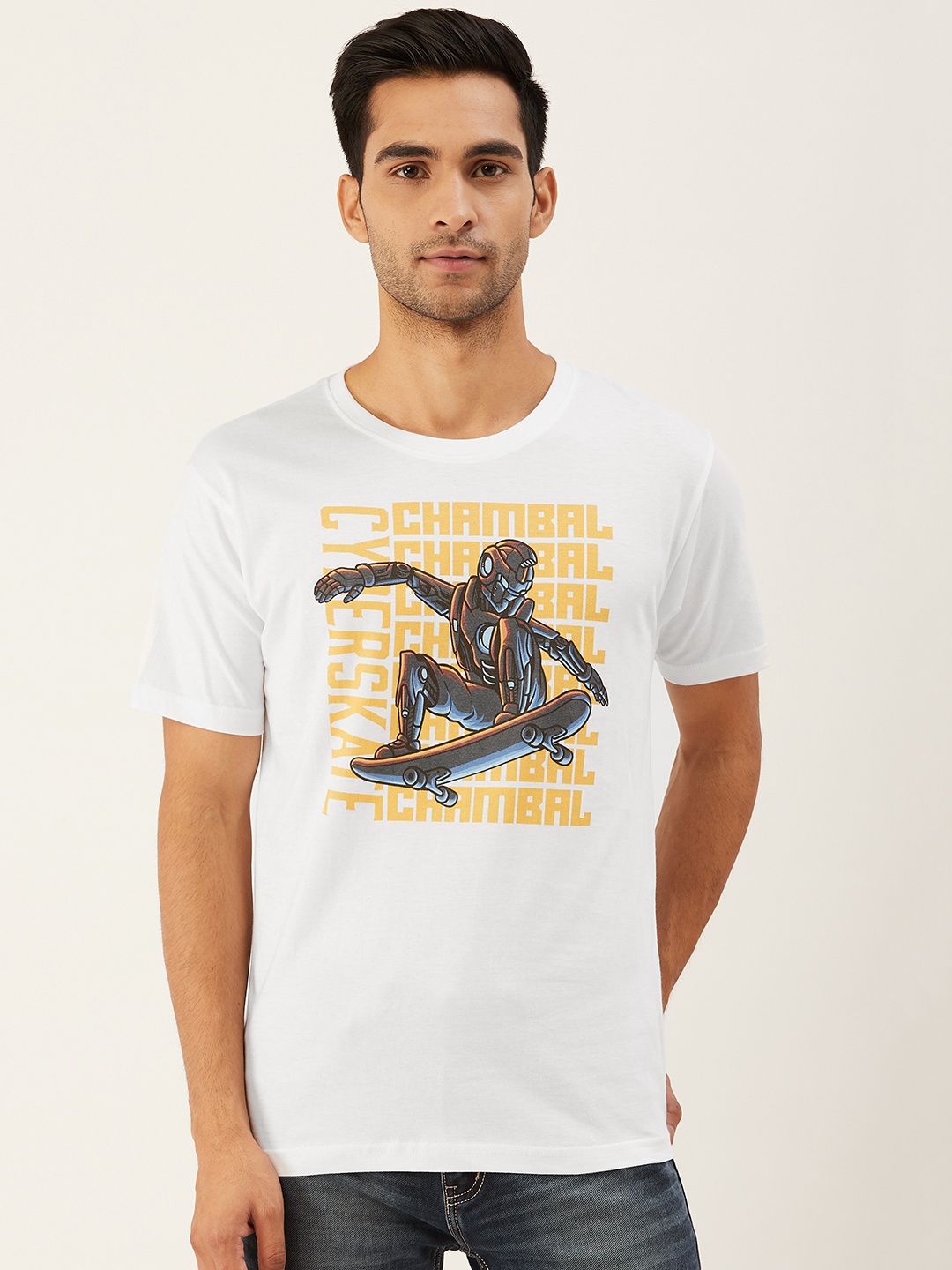 

THE CHAMBAL Men White Yellow Printed Round Neck Pure Cotton T-shirt