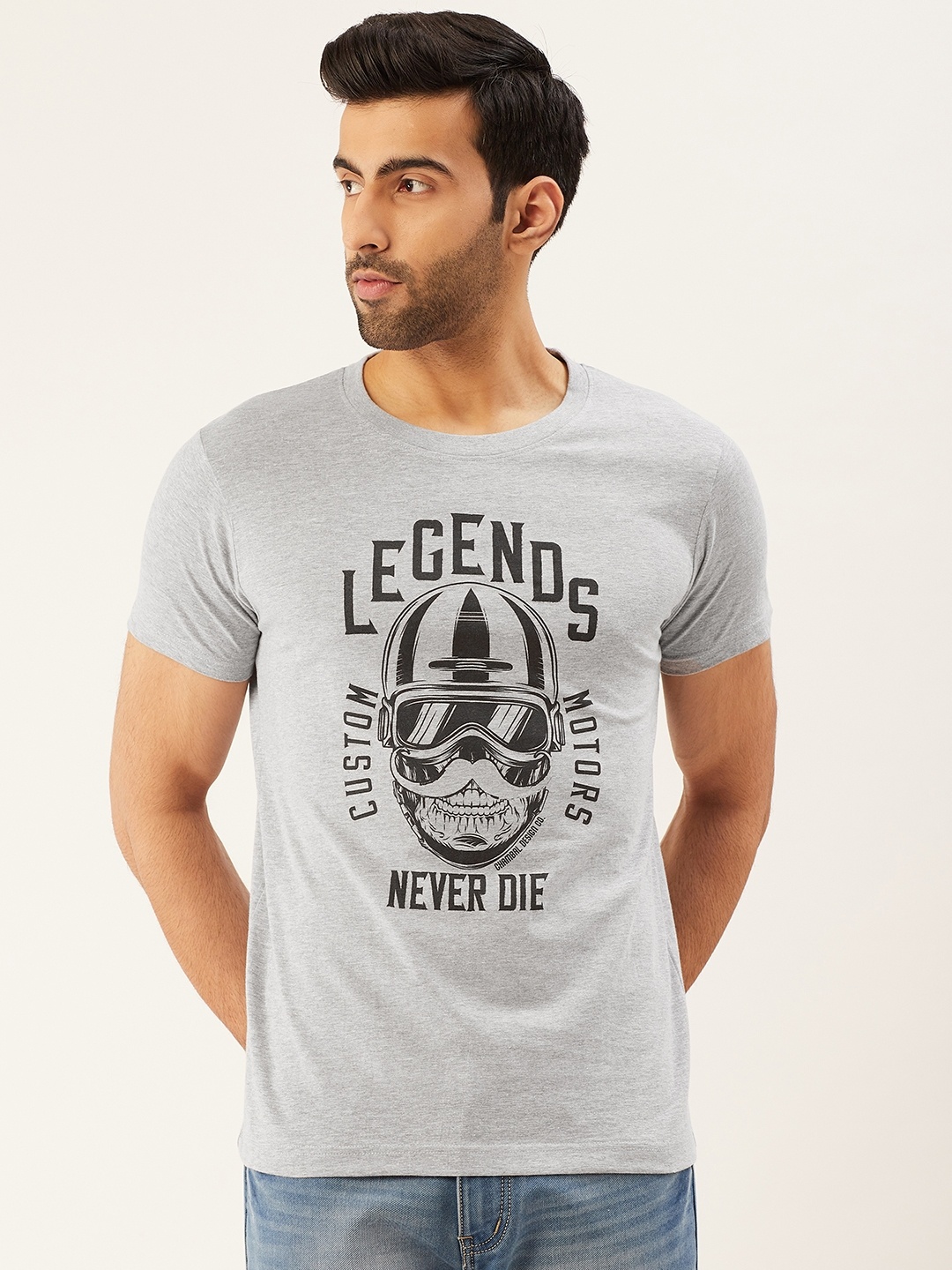 

THE CHAMBAL Men Grey Melange Black Printed Round Neck Pure Cotton T-shirt