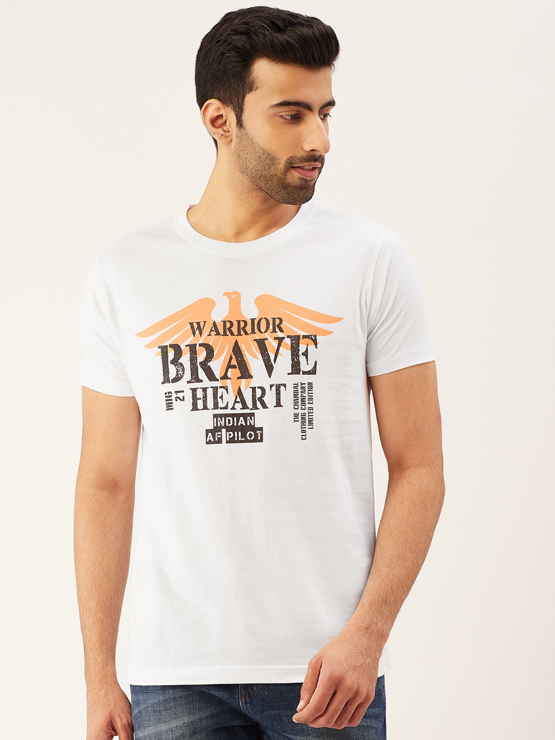 

THE CHAMBAL Men White Black Printed Round Neck Pure Cotton T-shirt