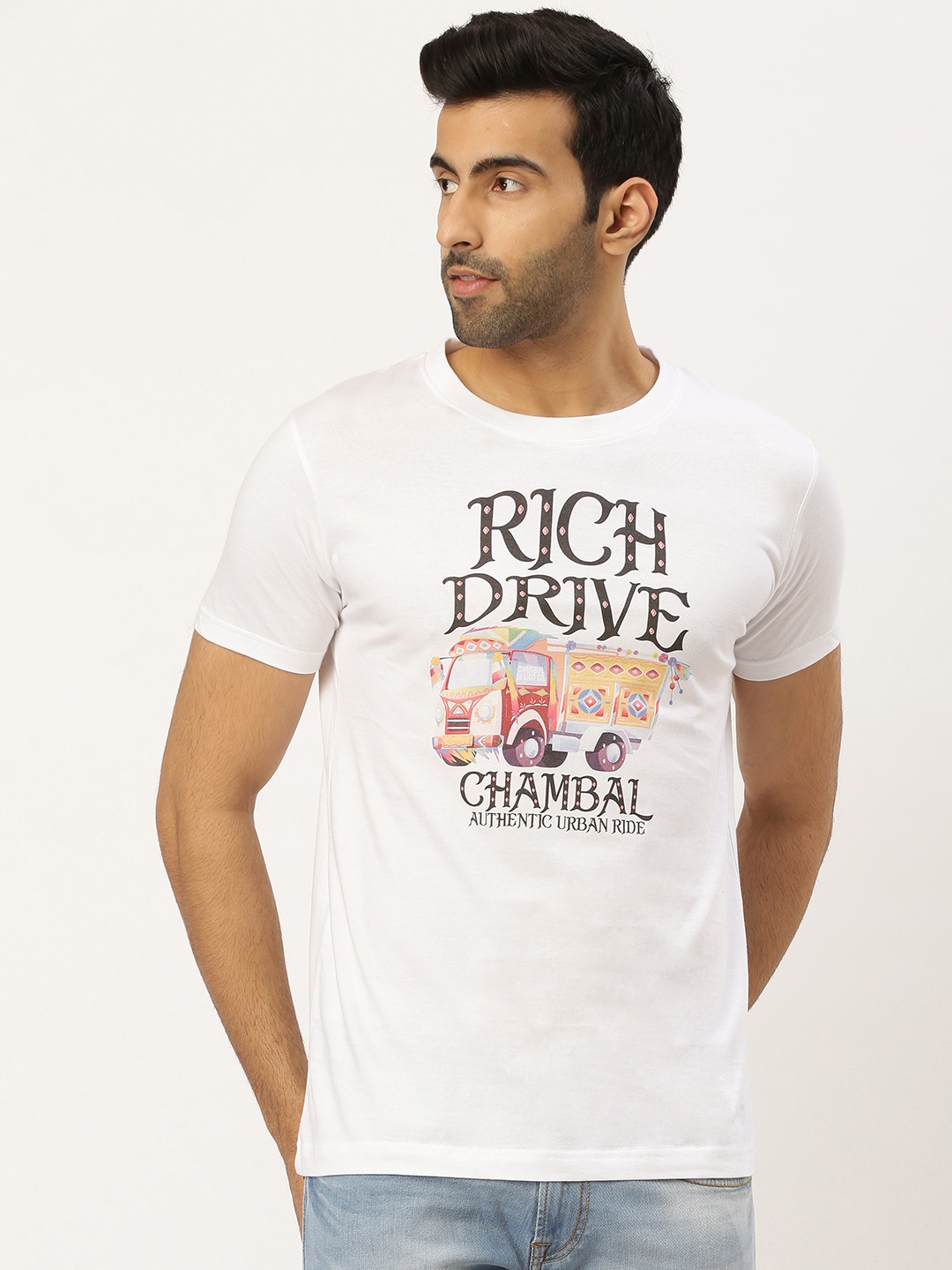 

THE CHAMBAL Men White & Charcoal Grey Bio Wash Printed Round Neck T-shirt