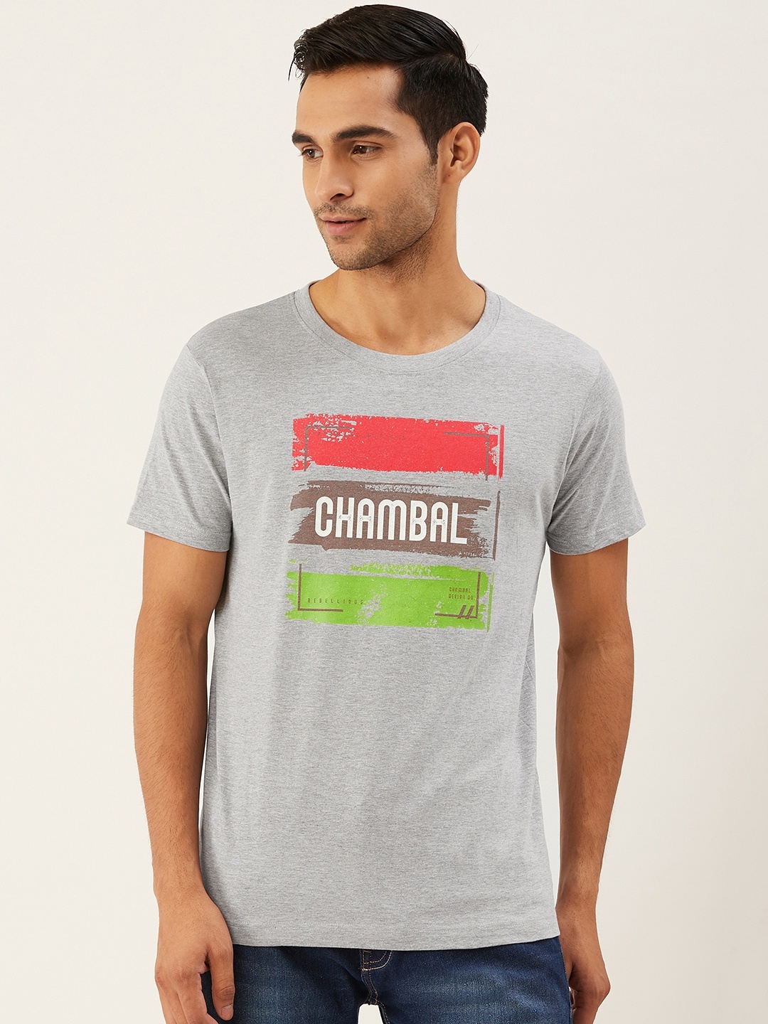 

THE CHAMBAL Men Grey Melange Red Printed Round Neck Pure Cotton T-shirt