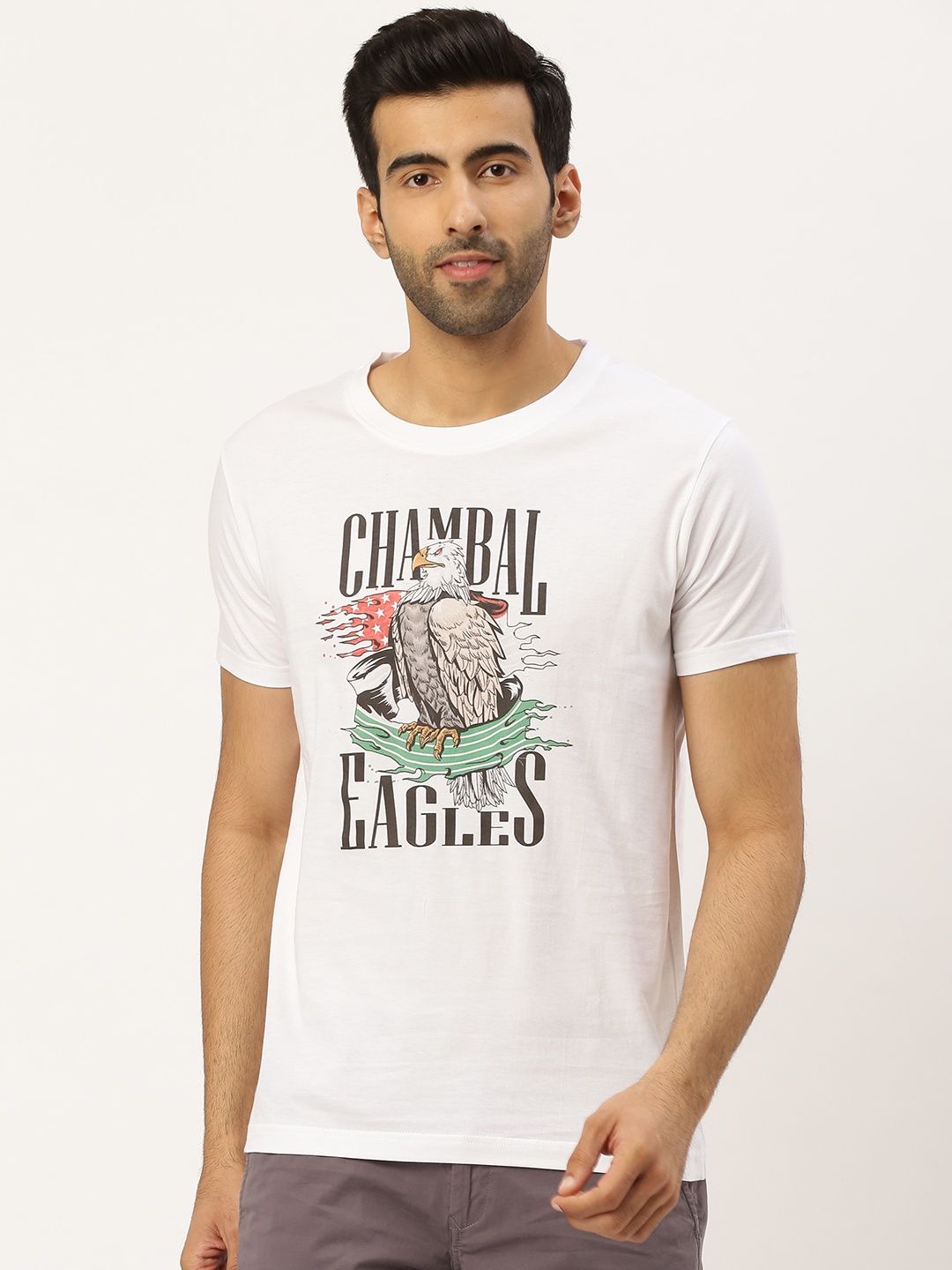 

THE CHAMBAL Men White & Black Bio Wash Printed Round Neck T-shirt