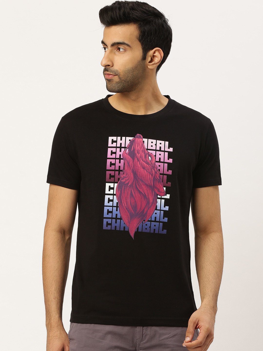 

THE CHAMBAL Men Black & Pink Bio Wash Printed Round Neck T-shirt