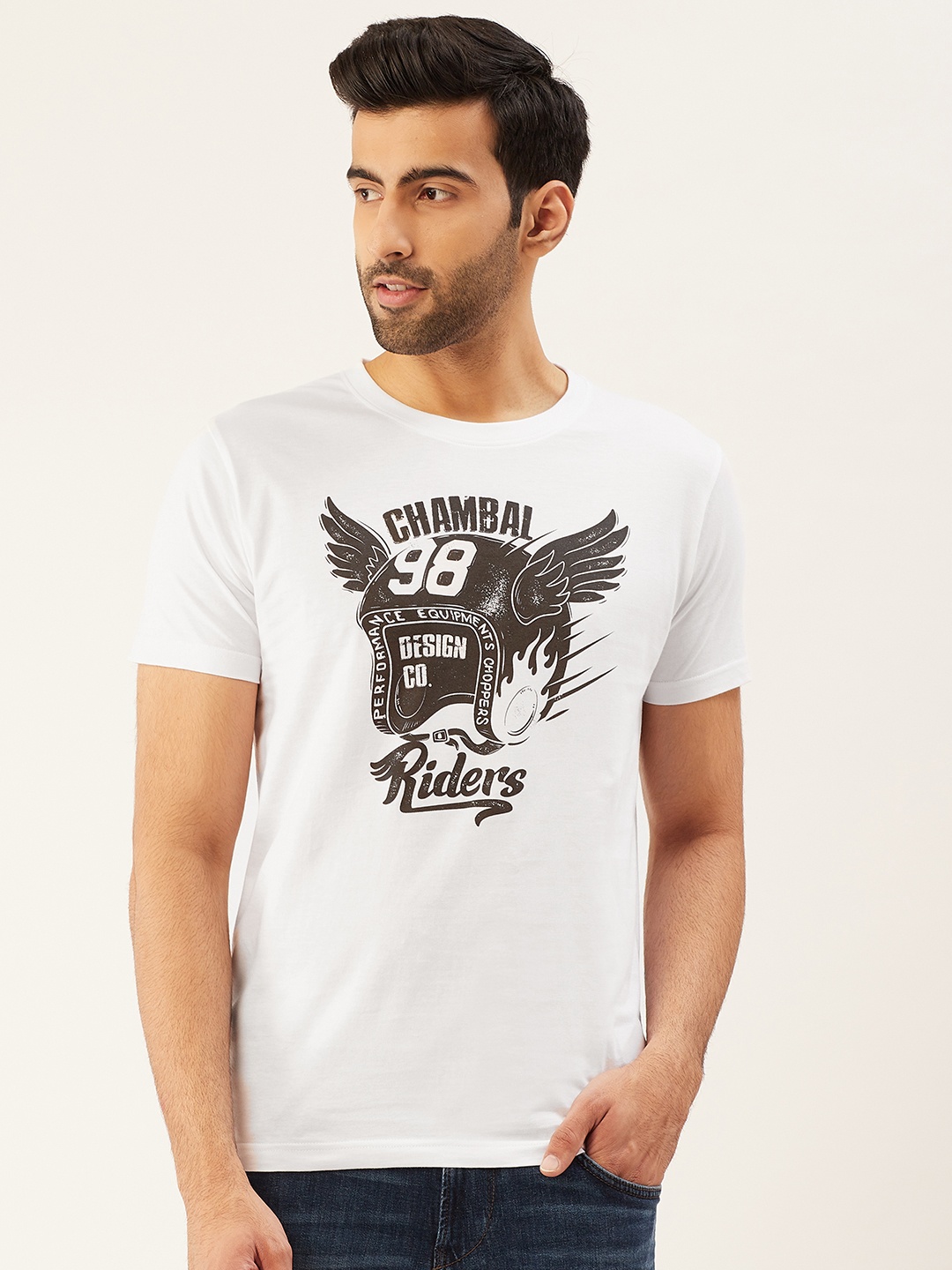 

THE CHAMBAL Men White Black Printed Round Neck Pure Cotton T-shirt