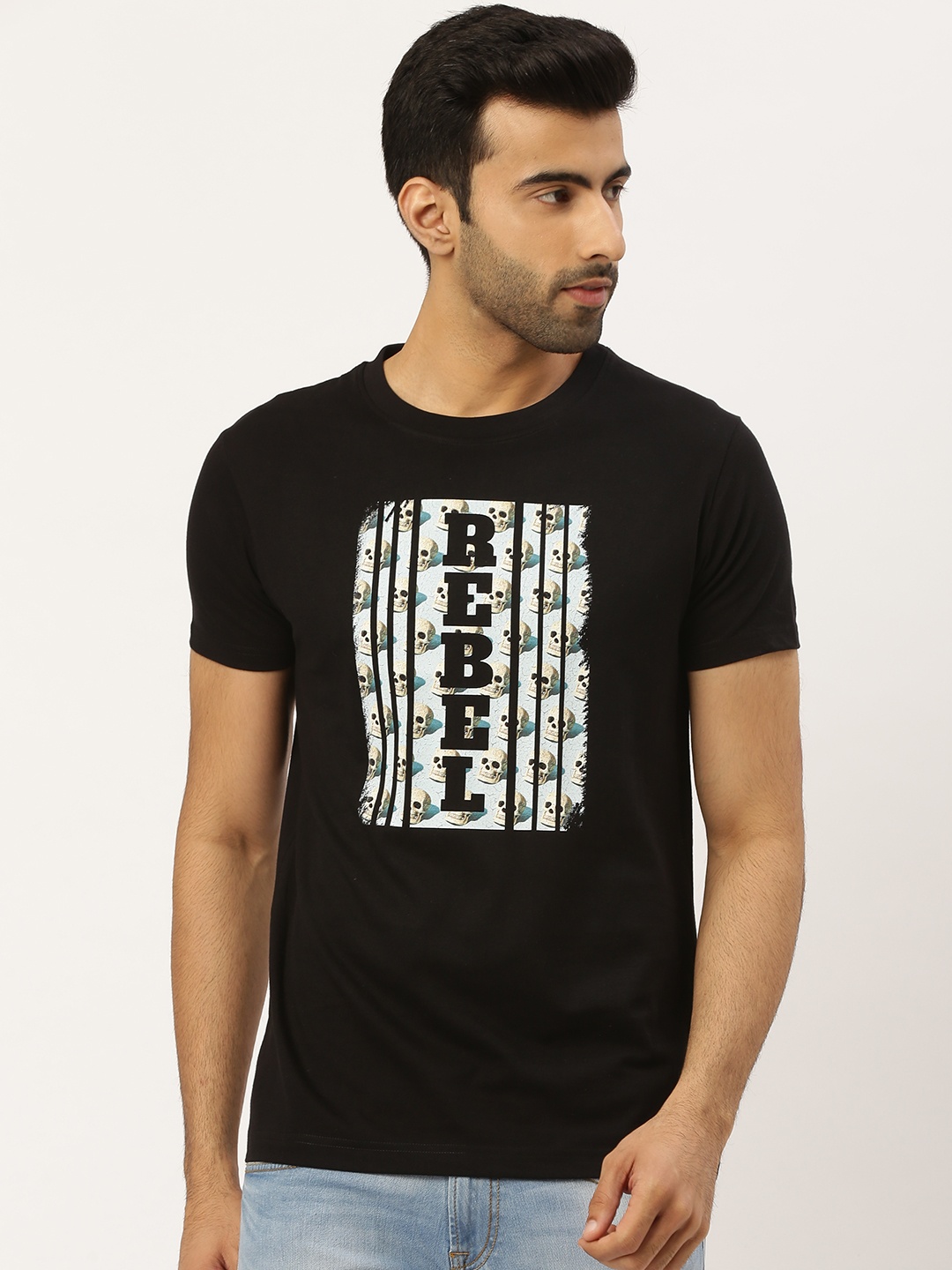 

THE CHAMBAL Men Black & Blue Bio Wash Printed Round Neck T-shirt