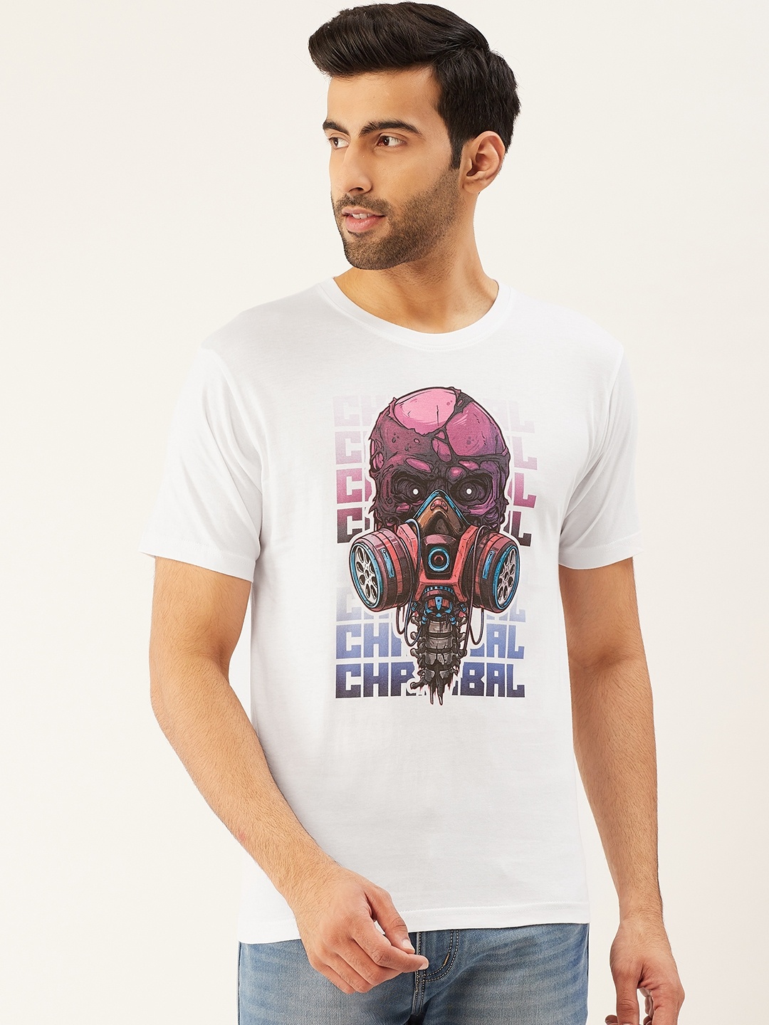 

THE CHAMBAL Men White Pink Skull Printed Round Neck Pure Cotton T-shirt