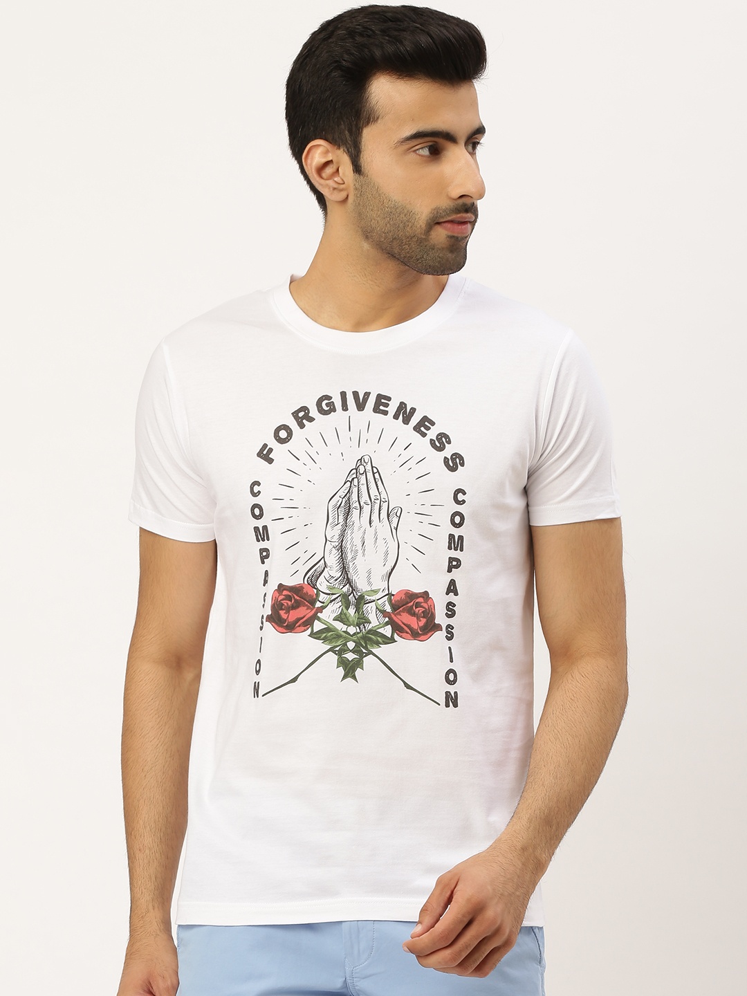 

THE CHAMBAL Men White & Black Bio Wash Printed Round Neck T-shirt