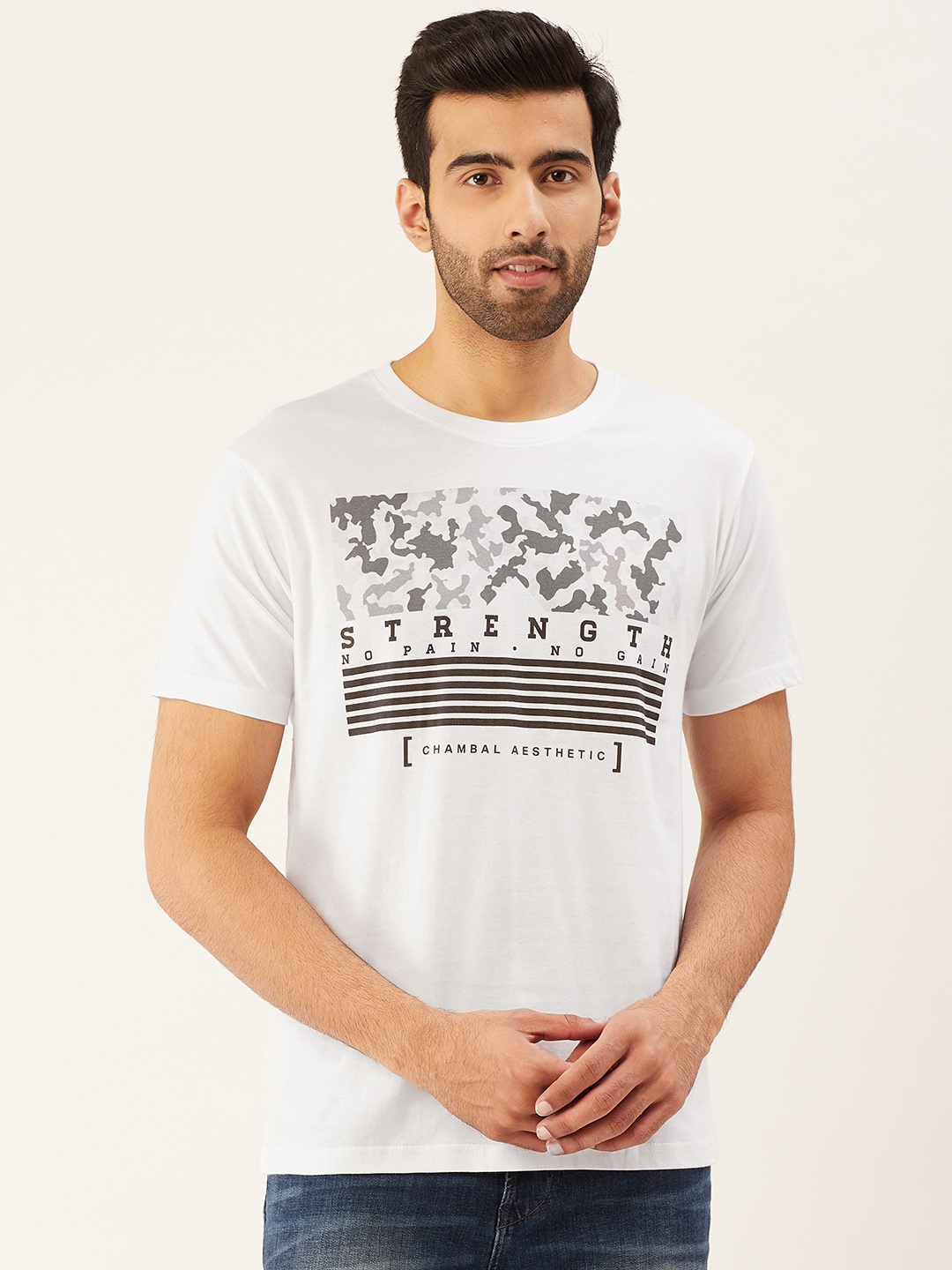 

THE CHAMBAL Men White Black Camouflage Printed Round Neck Pure Cotton T-shirt