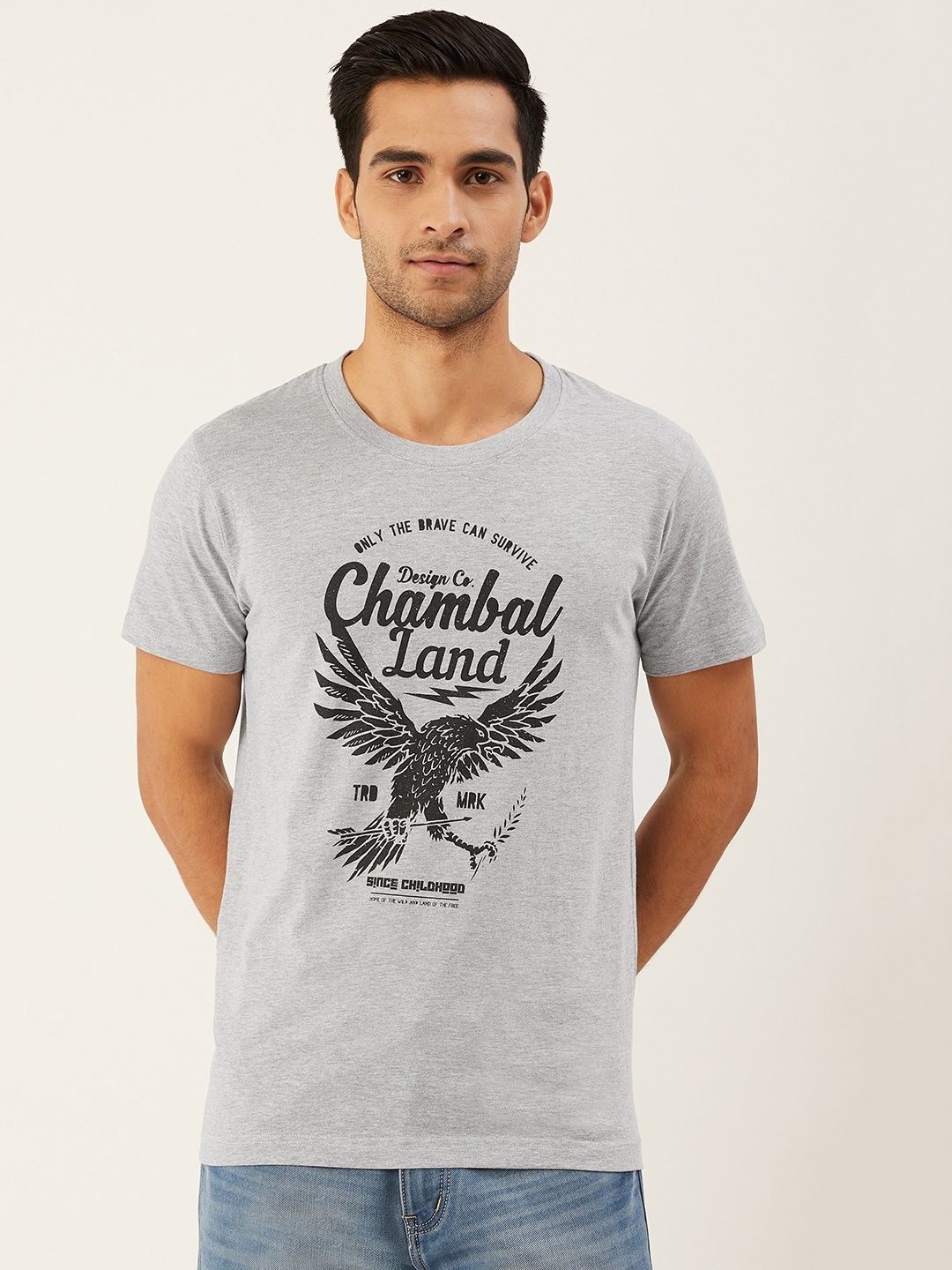 

THE CHAMBAL Men Grey Melange Black Eagle Print Round Neck Pure Cotton T-shirt