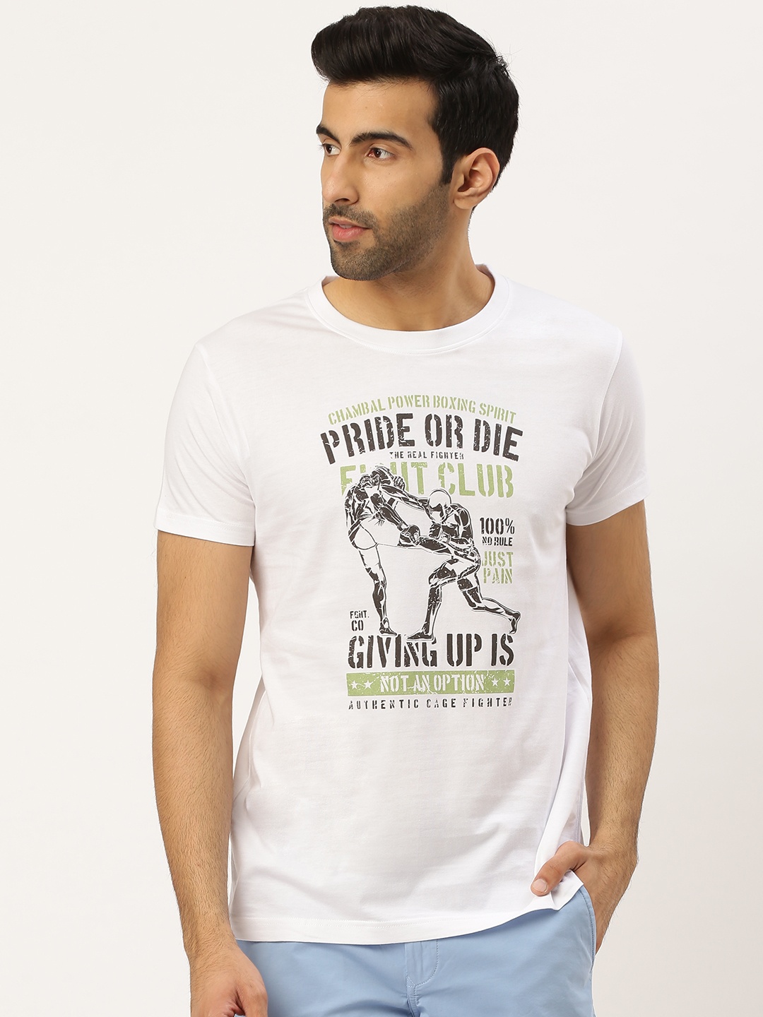 

THE CHAMBAL Men White & Black Bio Wash Printed Round Neck T-shirt