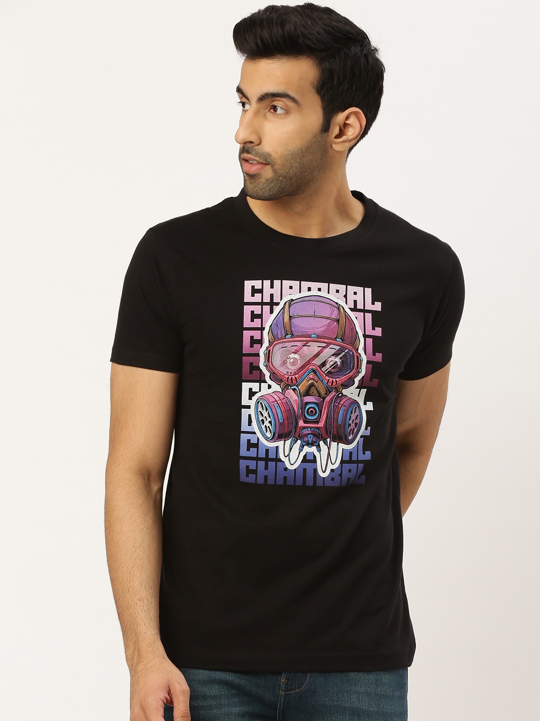 

THE CHAMBAL Men Black & Pink Bio Wash Printed Round Neck T-shirt