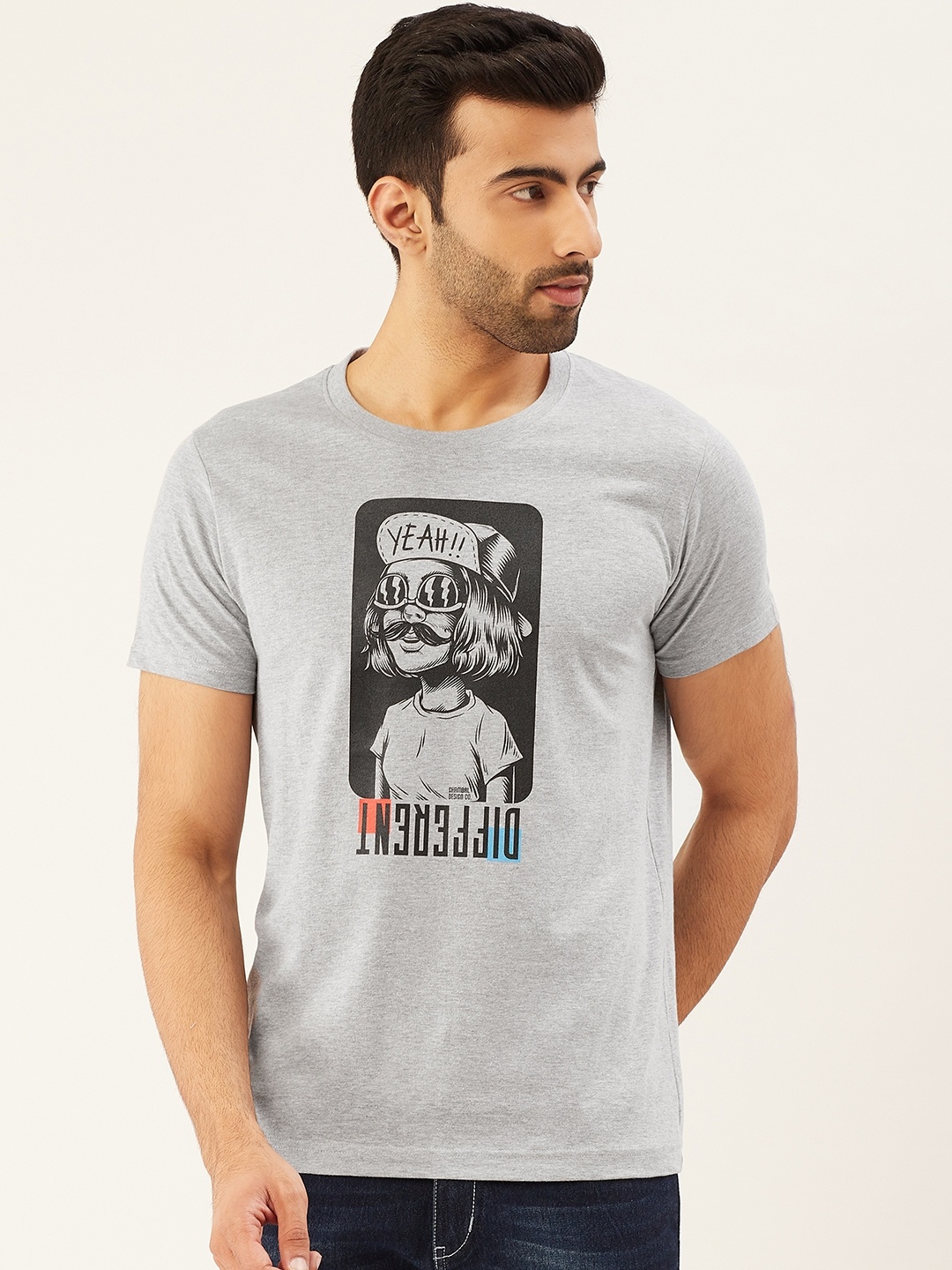 

THE CHAMBAL Men Grey Melange Black Printed Round Neck Pure Cotton T-shirt