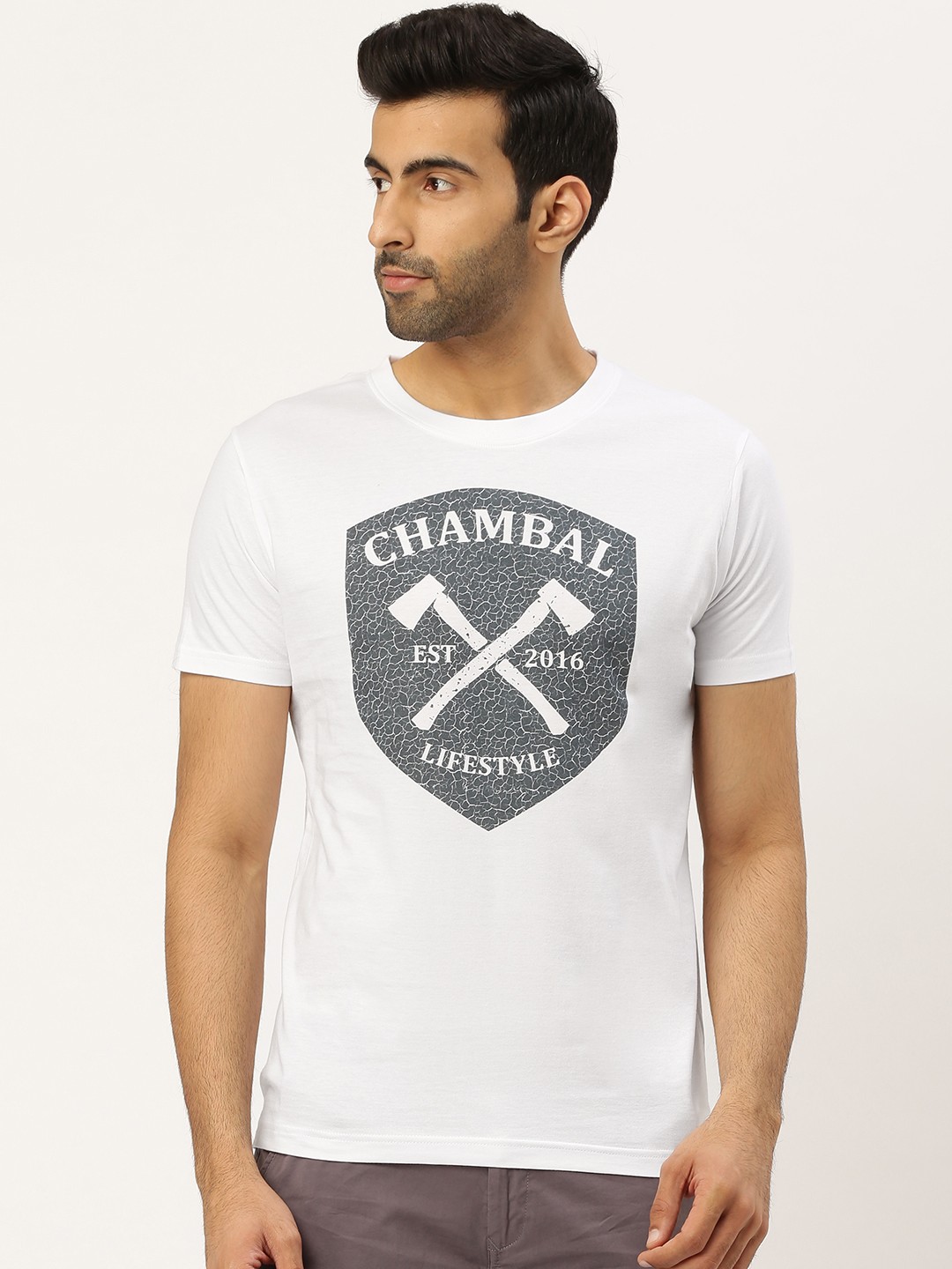 

THE CHAMBAL Men White Grey Bio Wash Printed Round Neck Pure Cotton T-shirt