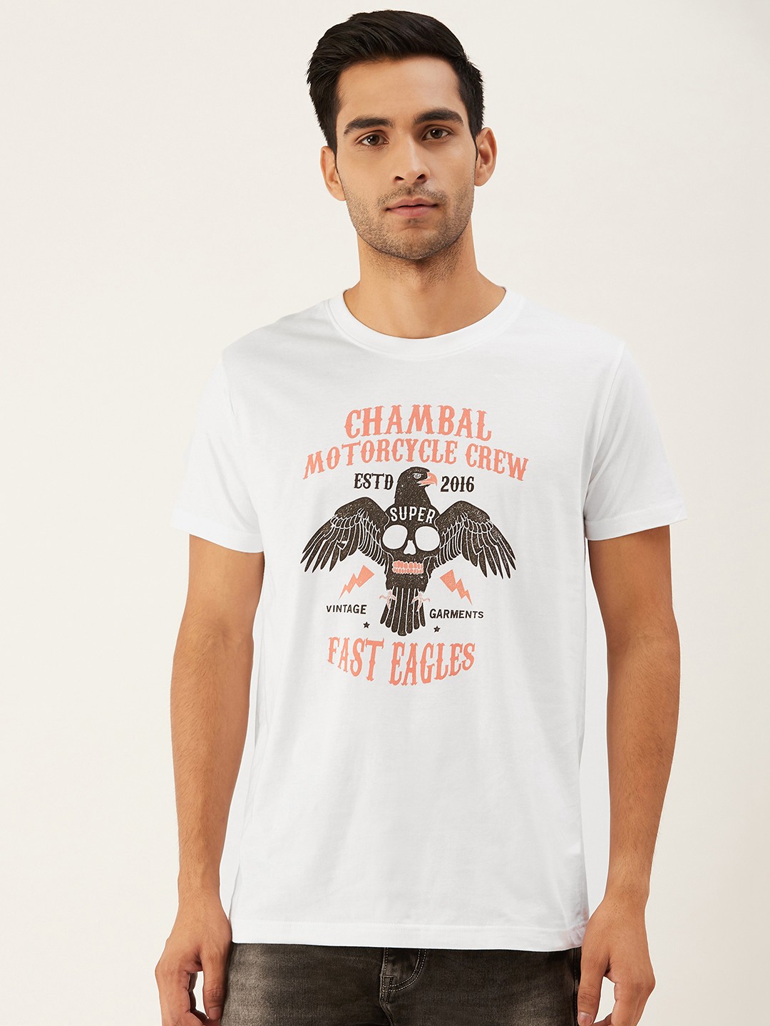 

THE CHAMBAL Men White Black Eagle Print Round Neck Pure Cotton T-shirt