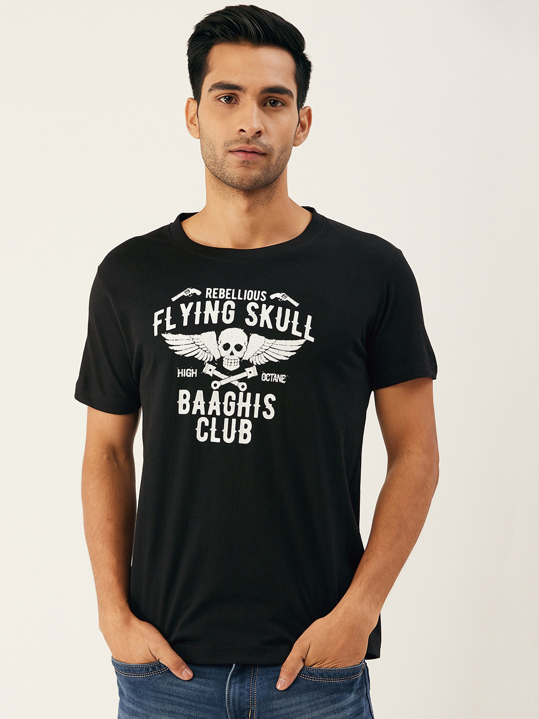 

THE CHAMBAL Men Black White Printed Round Neck Pure Cotton T-shirt
