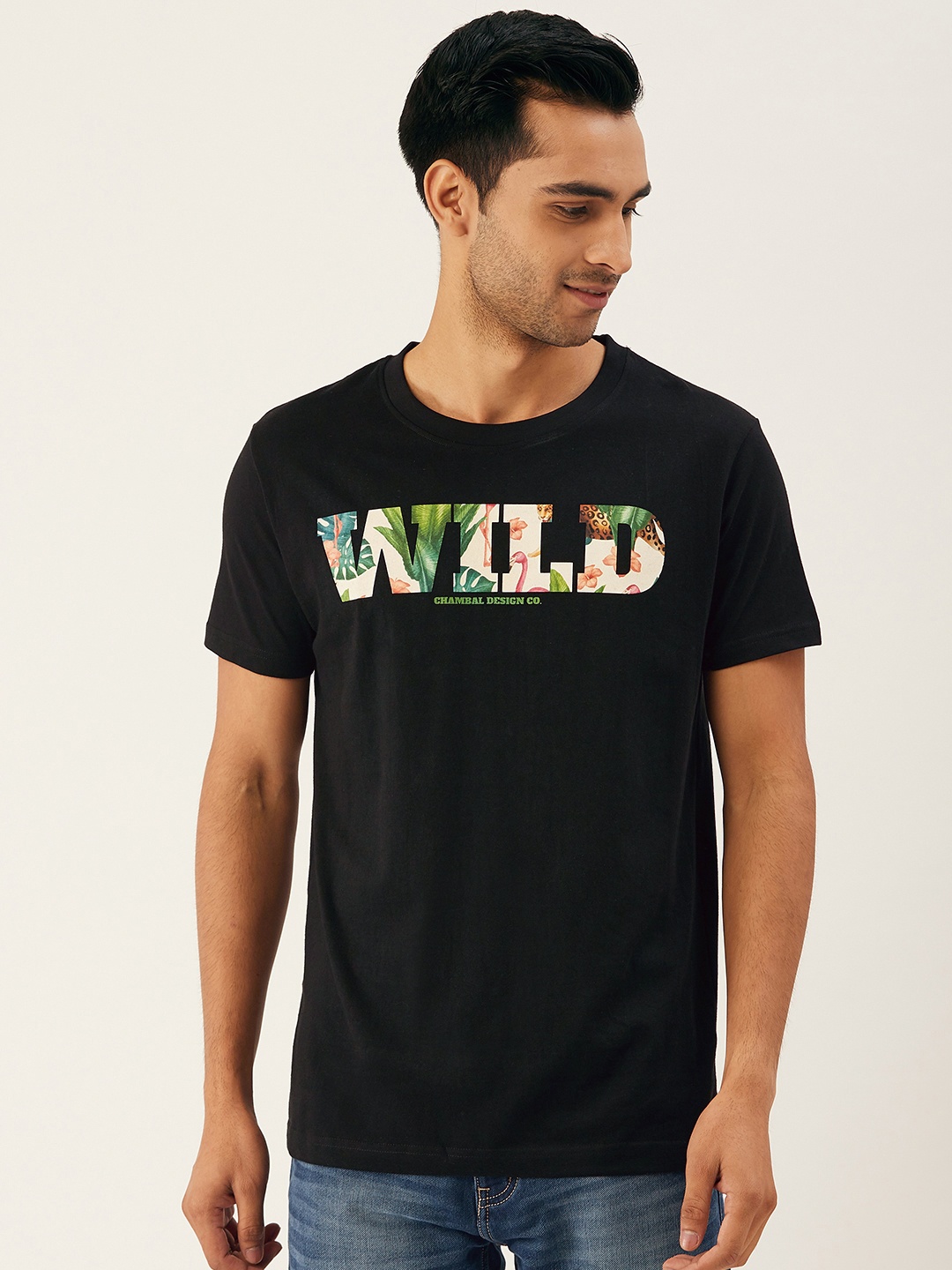 

THE CHAMBAL Men Black Round Neck Pure Cotton T-shirt With Tropical Print Detail